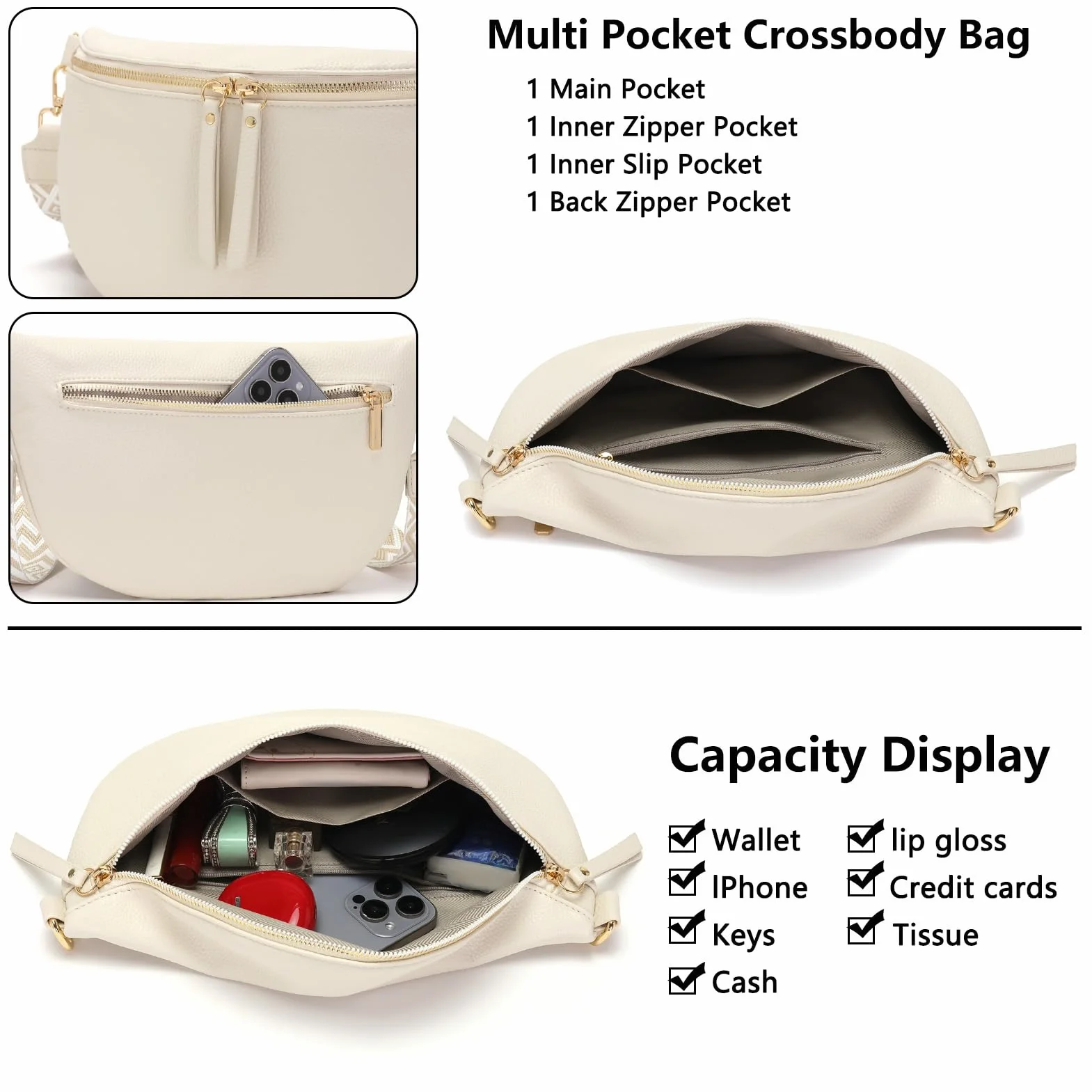 Sac Banane Femme Grand Sac Bandoulière Cuir Vegan 30x20cm Blanc Beige