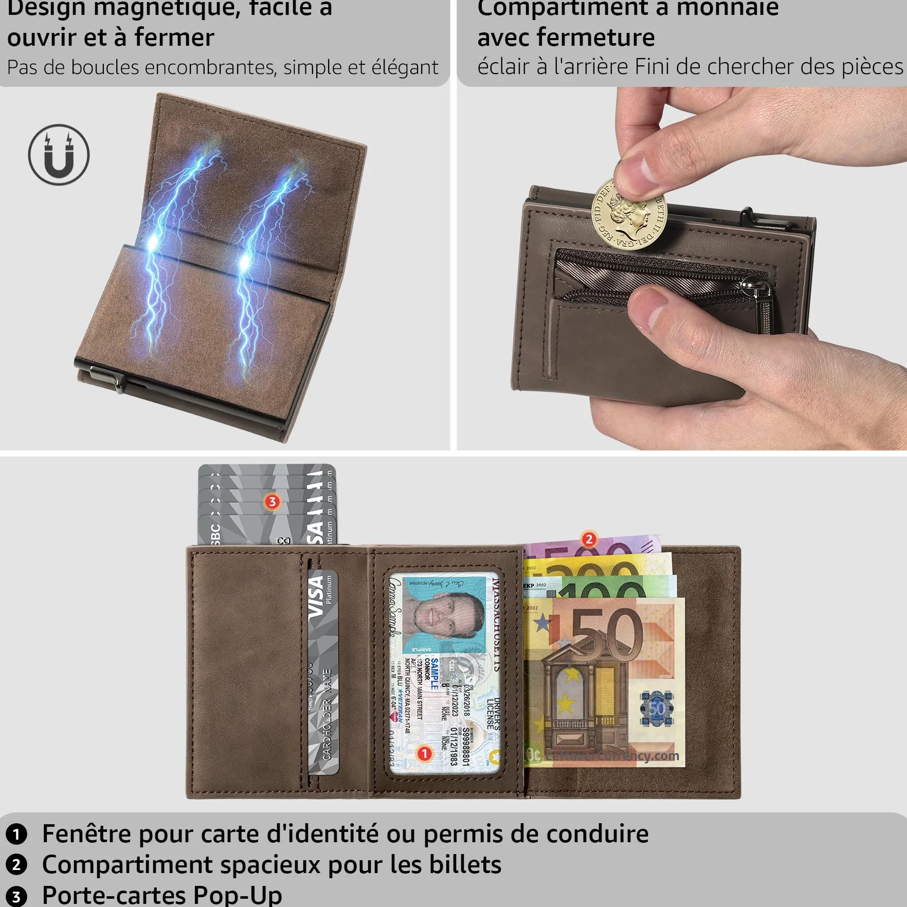 Portefeuille Homme Blocage RFID Cuir Porte Carte 9 Cartes Marron