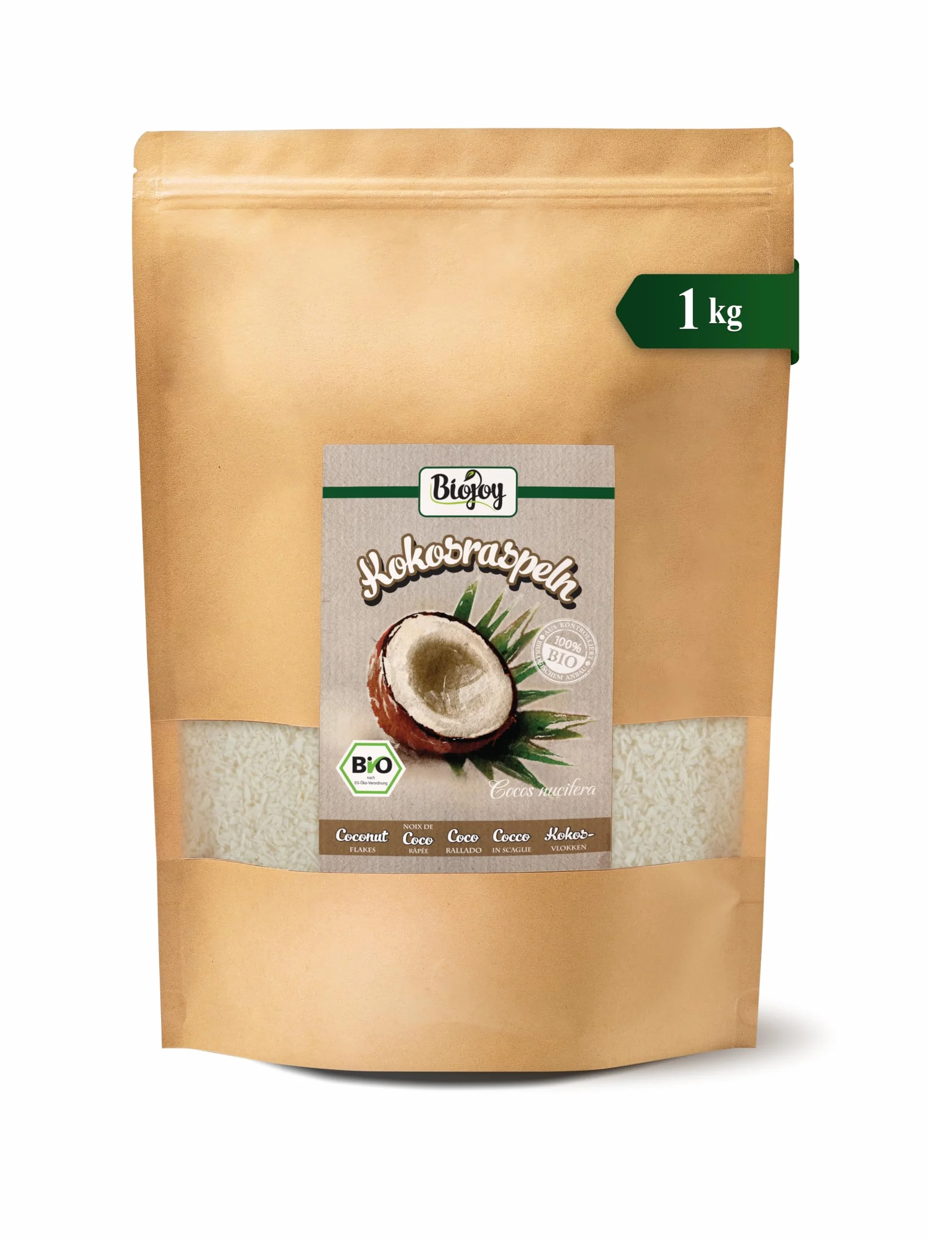 Biojoy Noix de Coco Râpée BIO (1 kg), séchée et non grillés, Flocons de noix de coco sans additifs