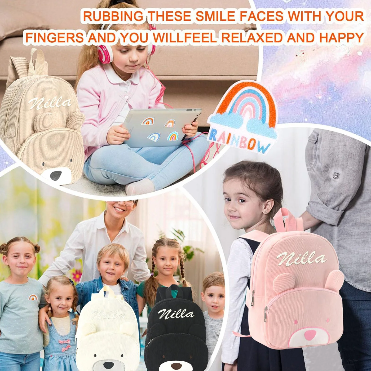 Sac à Dos Enfant Personnalisé Broderie Prénom Velours Côtelé Ours Maternelle Fille Garçon