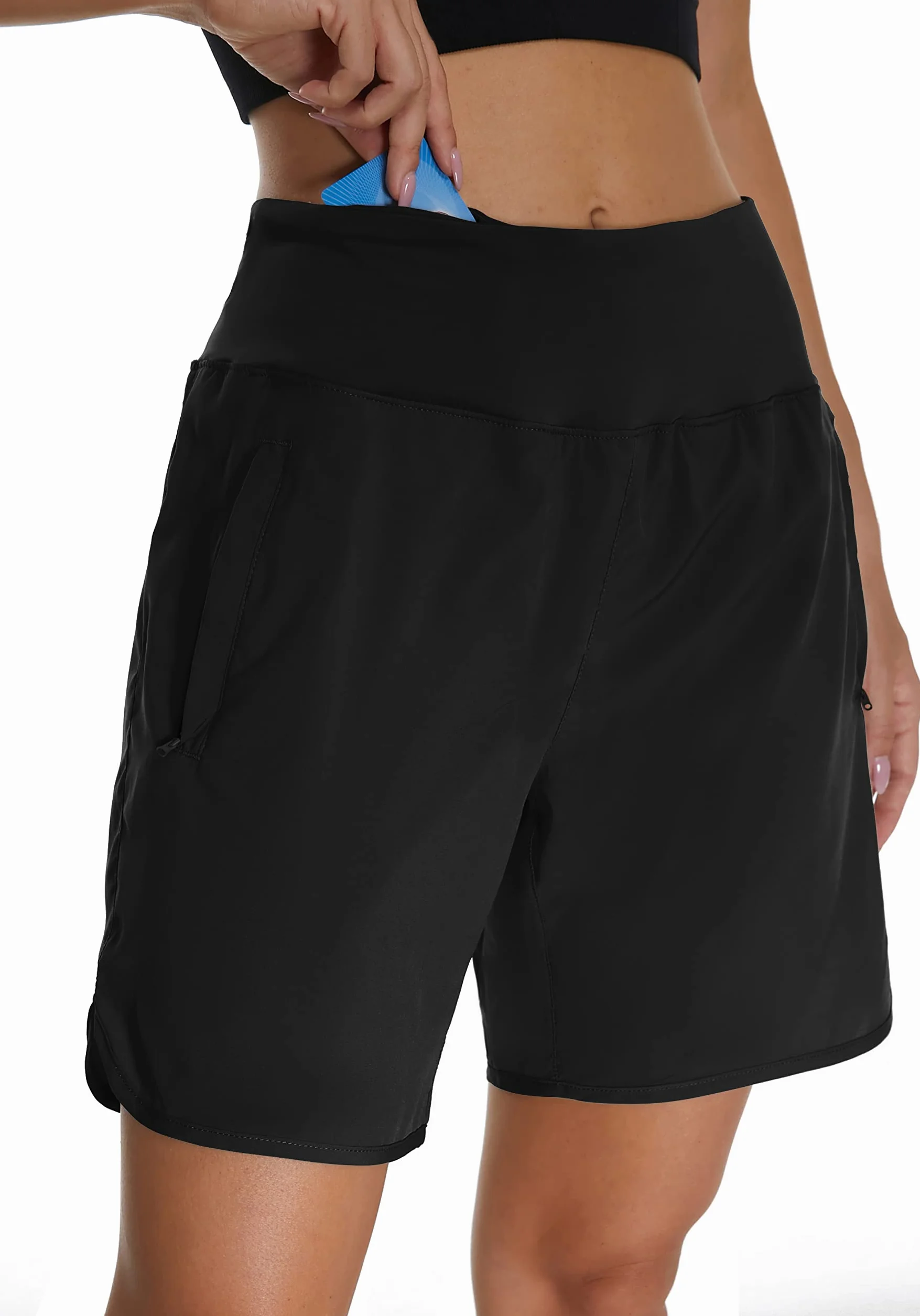 Pantalon Running Court Femme Taille Haute Respirant avec Slip Intérieur et Poche Arrière