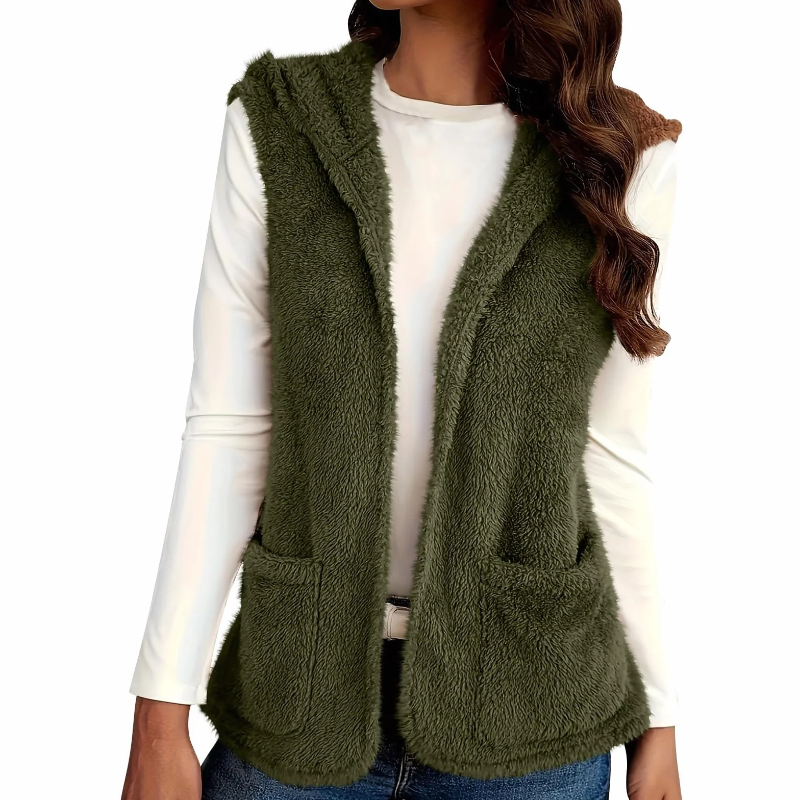 Gilet Femme Polaire Sans Manches Fourrure Veste Laine Couleur Unie Fluffy Chaud Sherpa Molleton