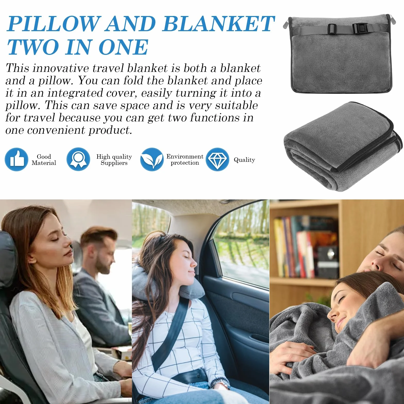 Couverture de Voyage 2 en 1 Coussin Transformable Portable Fixation Valise Ultra Légère Chaude Gris 152 x