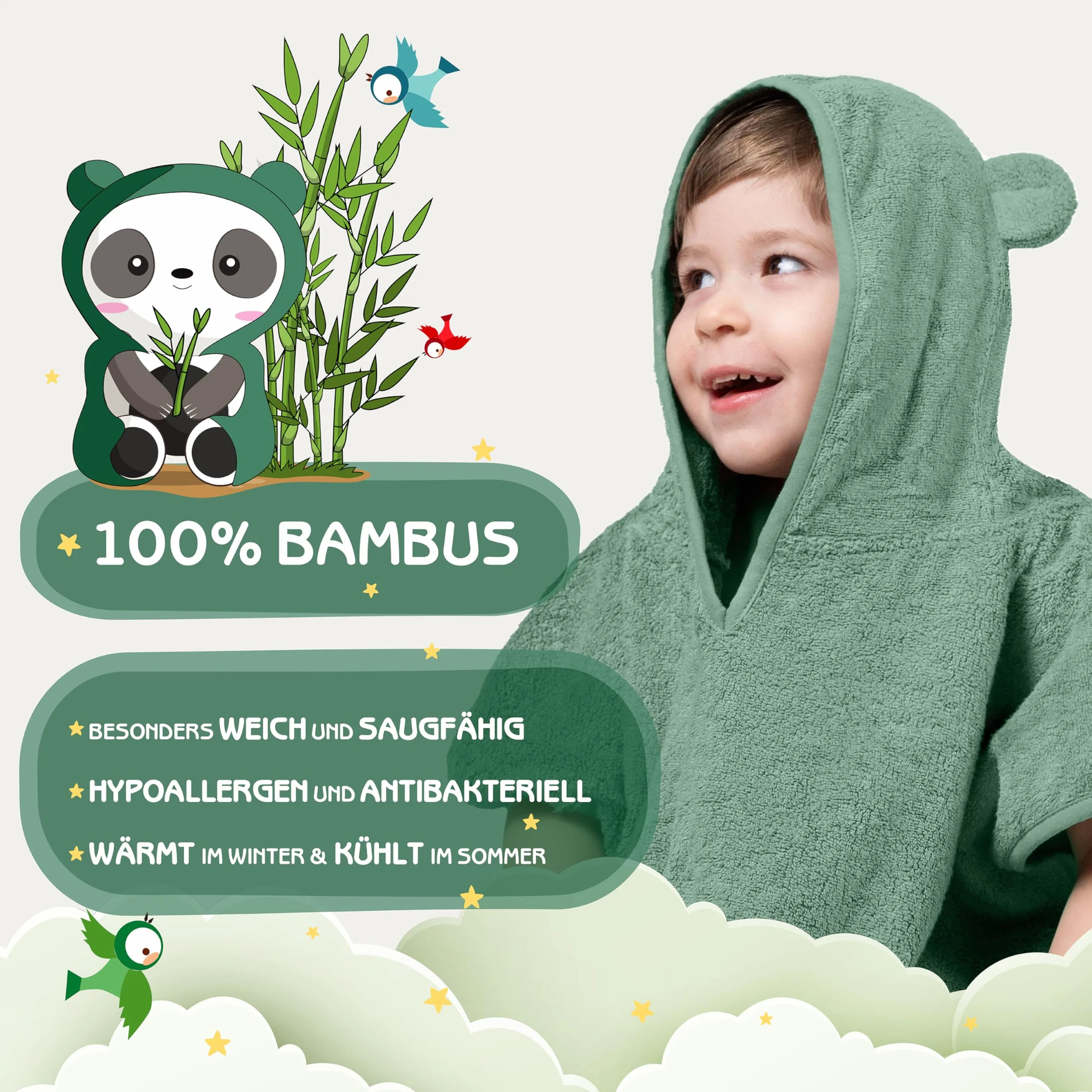 Poncho de bain pour enfants Fuchs&Panda 100% bambou extra chaud et doux Rame-Vert