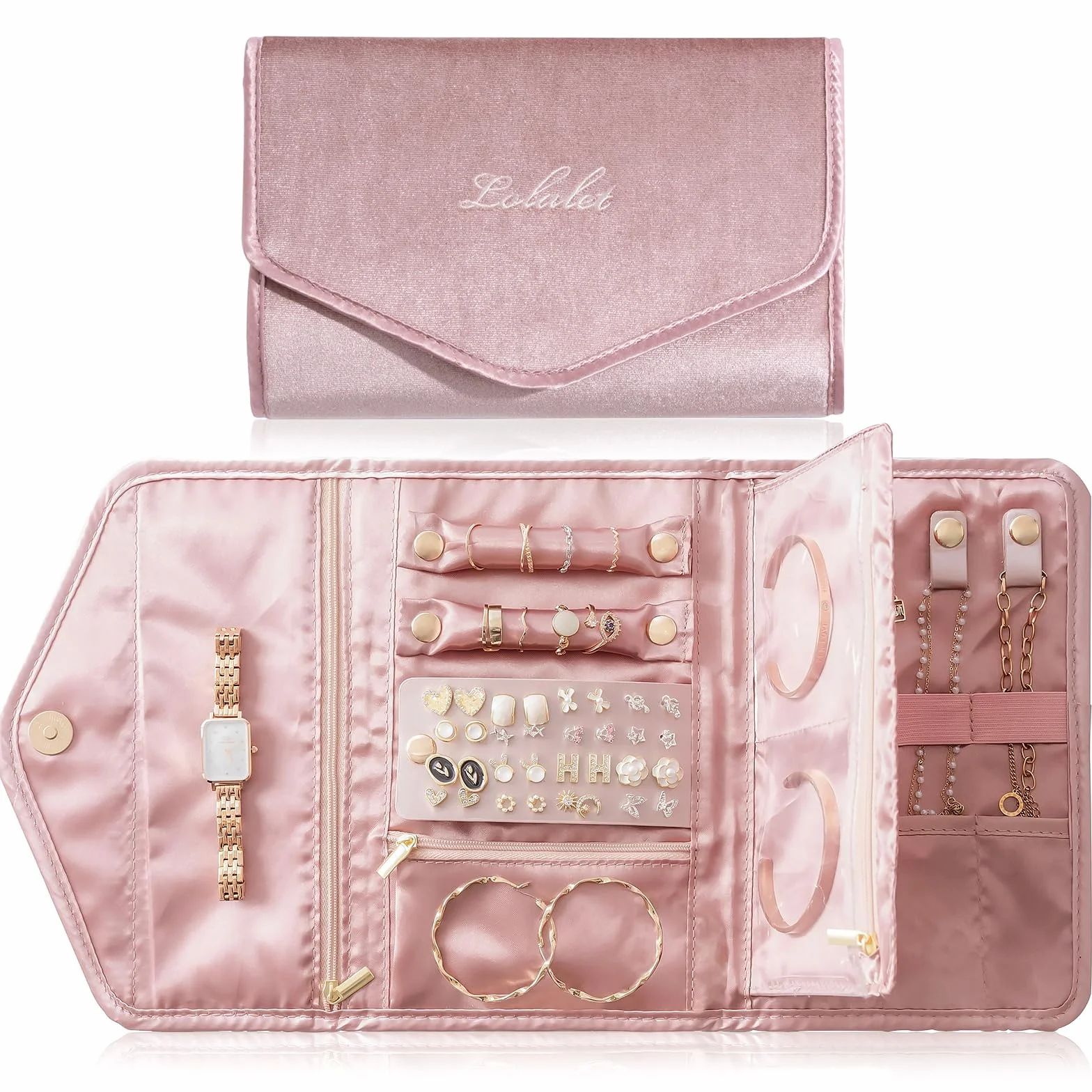 Lolalet Trousse Bijoux Voyage Pliable Rouleau Bijoux Velours avec Pochette de Rangement pour Colliers Boucles d'Oreilles Bagues Bracelets Rose