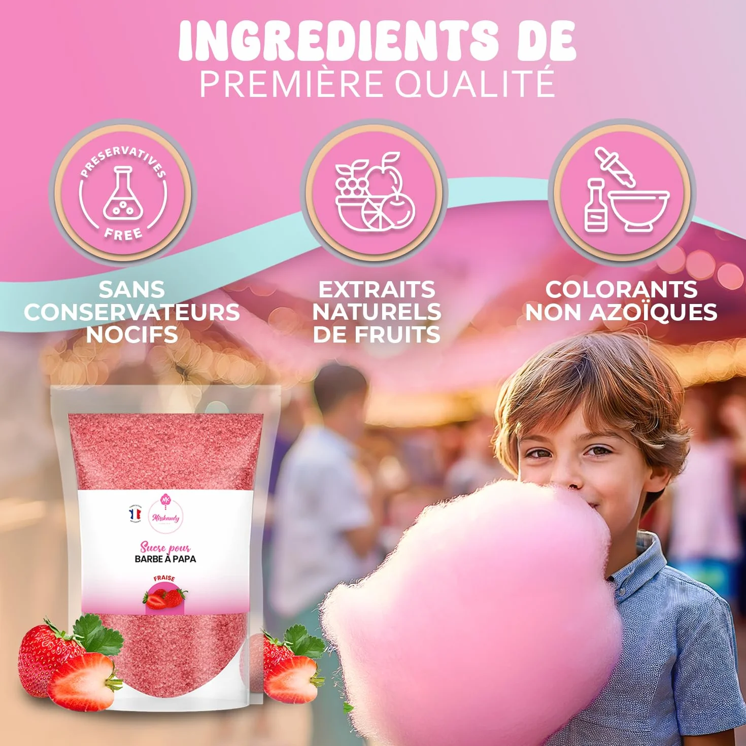 Misskandy®-Sucre Barbe à Papa pour machine- Lot de 2 * 160GR (Fraise- Framboise) / poudre barbapapa+ 10 Bâtonnets offerts - MADE IN FRANCE