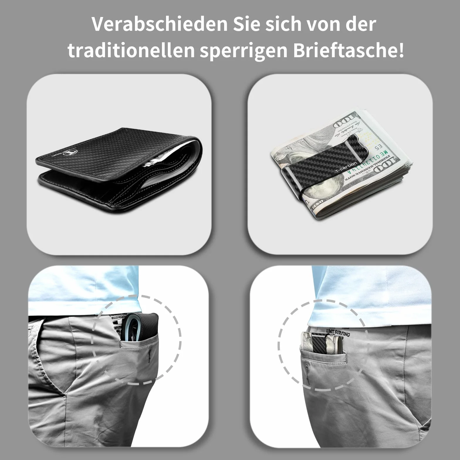 Pince à billets en fibre de carbone véritable - Étui pour cartes de crédit - Portable - Pour hommes