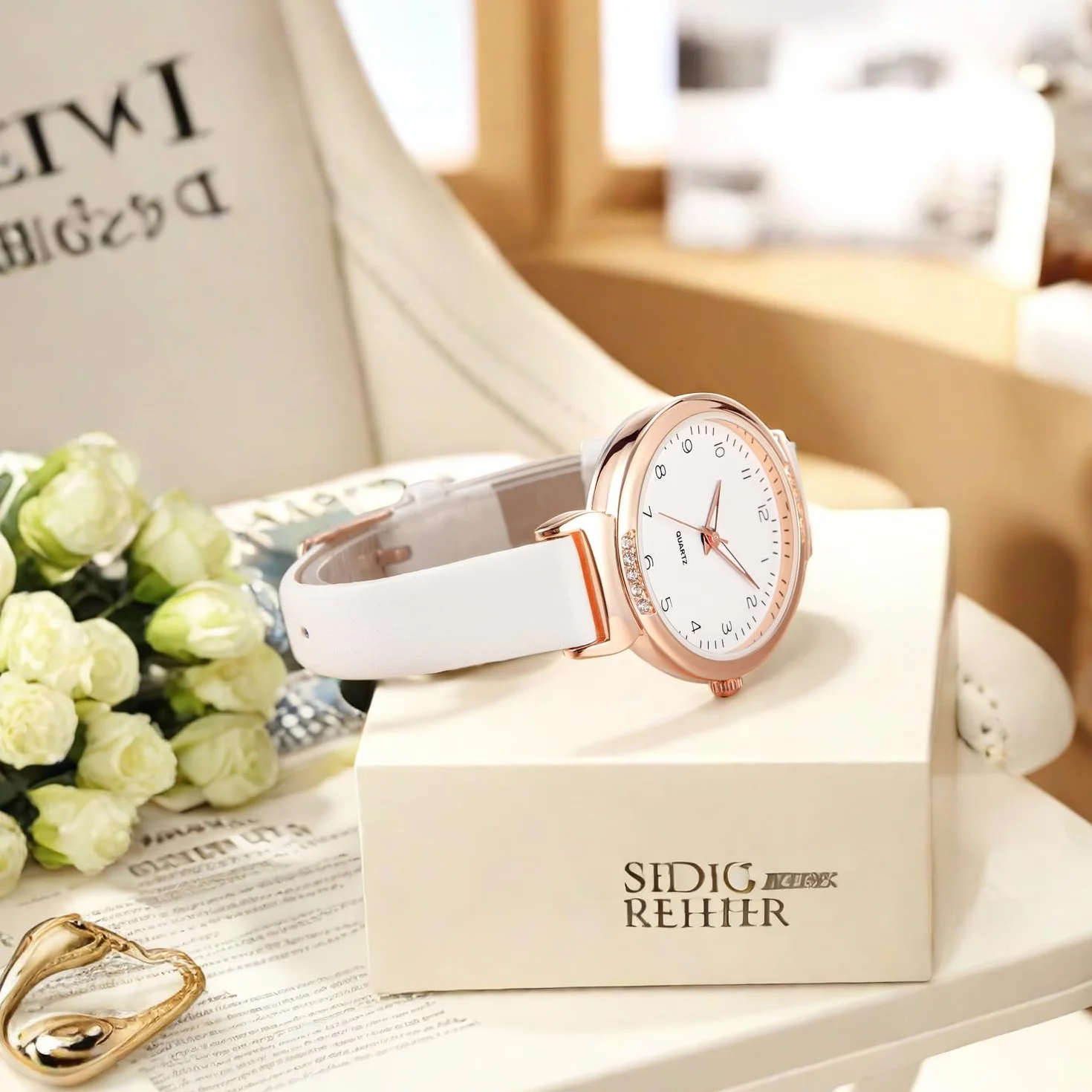 Montre Femme Cuir Or Rose Noir Blanc Quartz Analogique