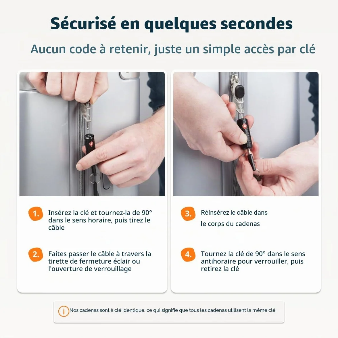 Lot de 4 Cadenas TSA à Clé pour Valise Antivol Bagages Voyage Noir