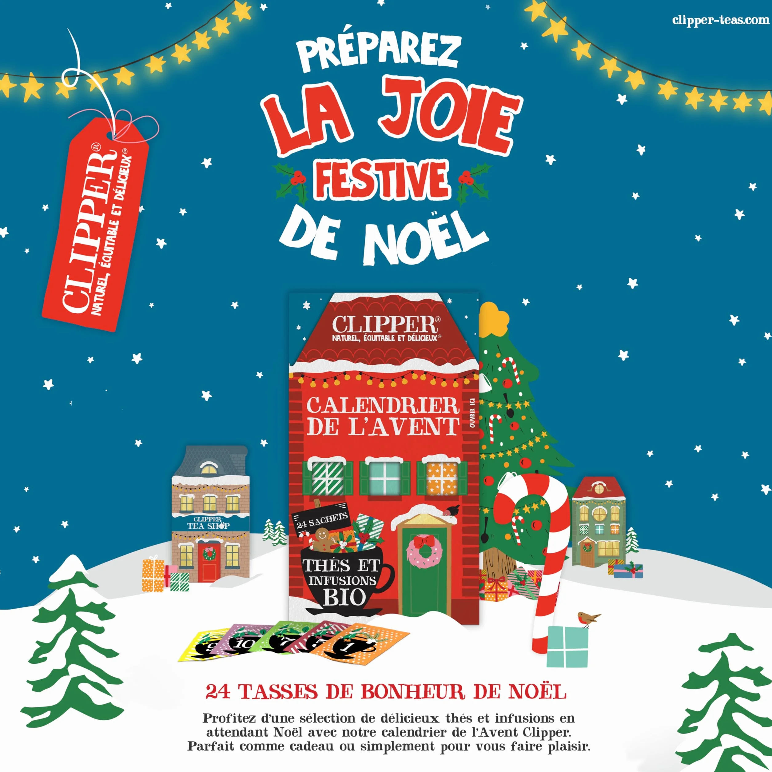 CLIPPER - Calendrier de l'Avent - Thés & Infusions - Bio - 24 sachets | Idée Cadeau Noël - Ingrédients Bio - 100% naturels