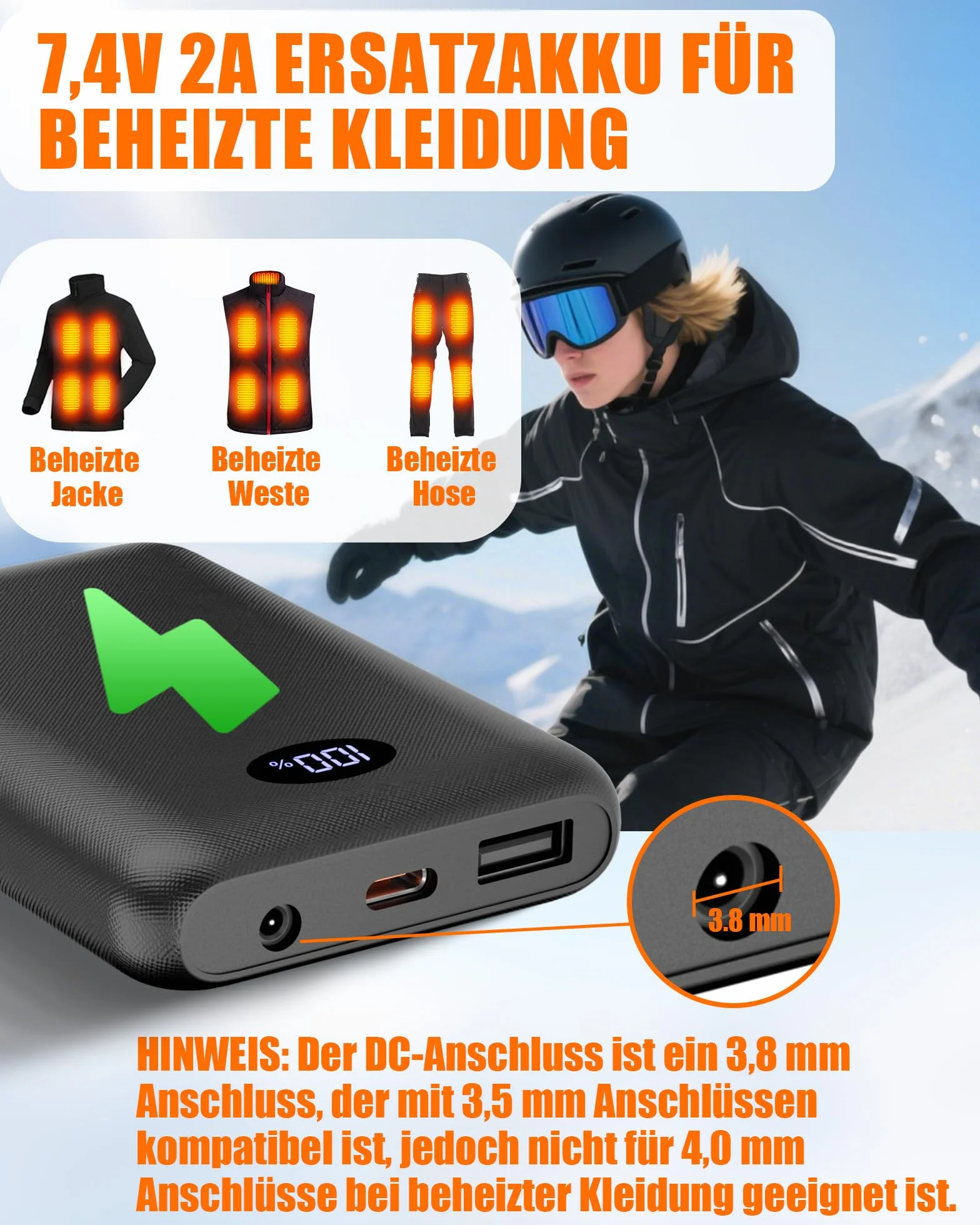 Batterie externe 7,4 V 10 000 mAh pour vêtements chauffants rechargeable 5 V 3 A