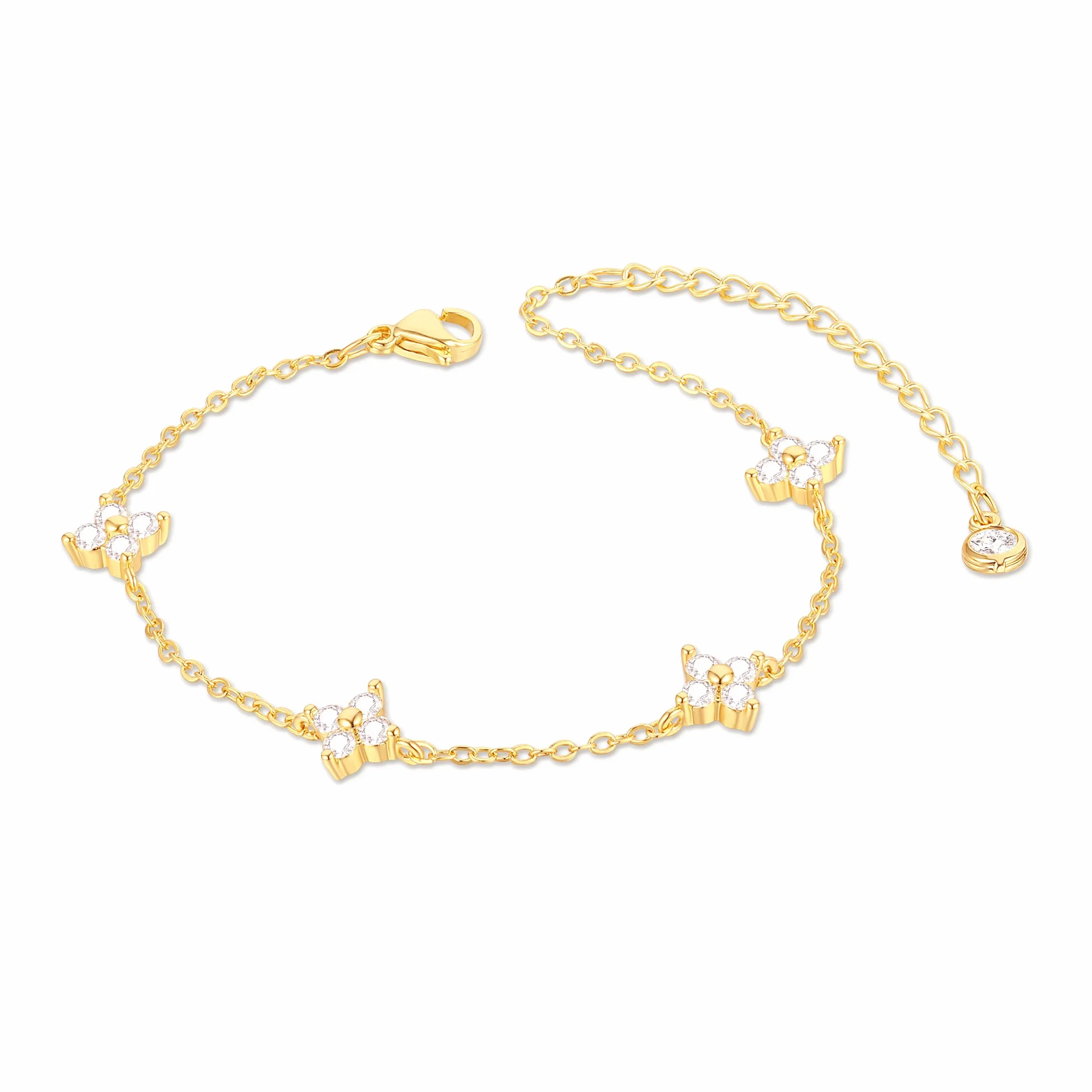 Bracelet Femme Argent 925 Plaqué Or 18K Zircon Cubique Trèfle 4 Feuilles Réglable