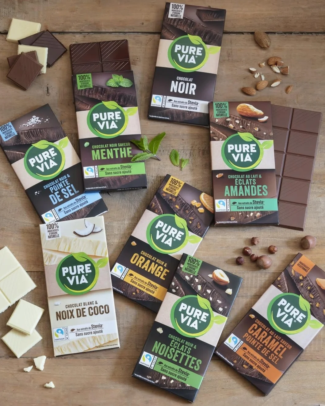Pure Via Tablette Chocolat Noir Saveur Menthe à la Stevia, Sans sucre ajouté, Équitable 100g