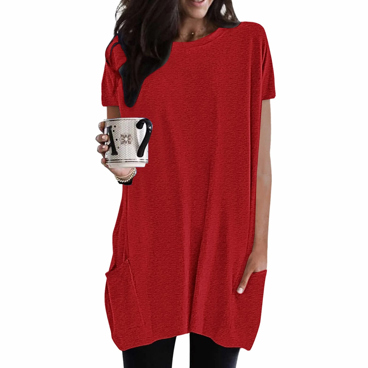T-shirt long décontracté pour femme manches courtes été surdimensionné col rond poches couleur unie ample tunique basique