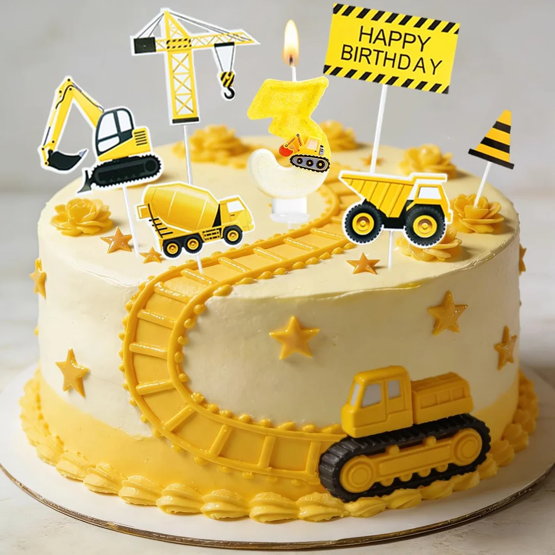 Bougie Anniversaire 3 Ans Construction, Bougies d'Anniversaire Chiffres 3,Véhicules Gateau Cake Topper pour Décorations de Fournitures de Fête d'Anniversaire Construction de Garçons
