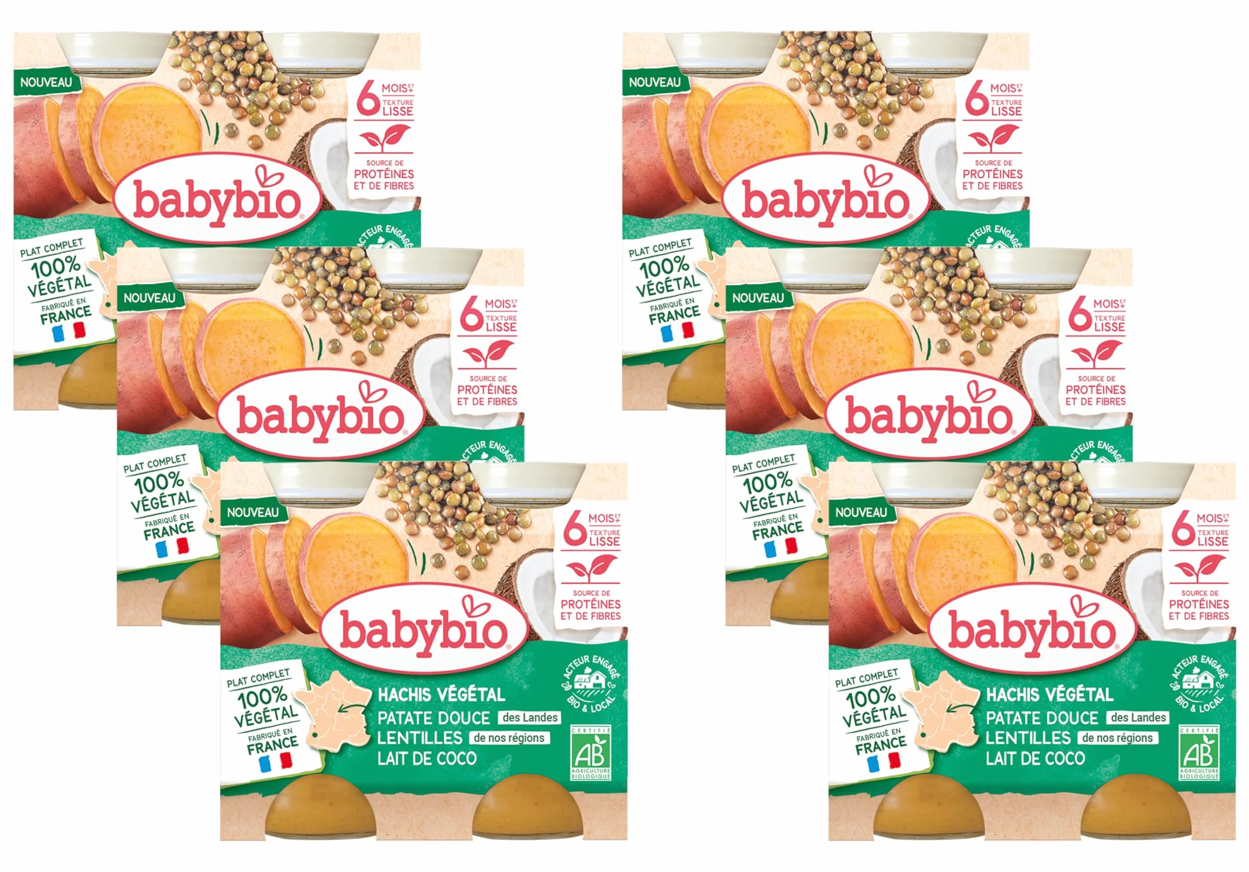 BABYBIO - Petits pots - Hachis végétal - Patate douce Lentilles Lait de coco - 6+ mois - 2 x 200g - BIO - Lot de 6