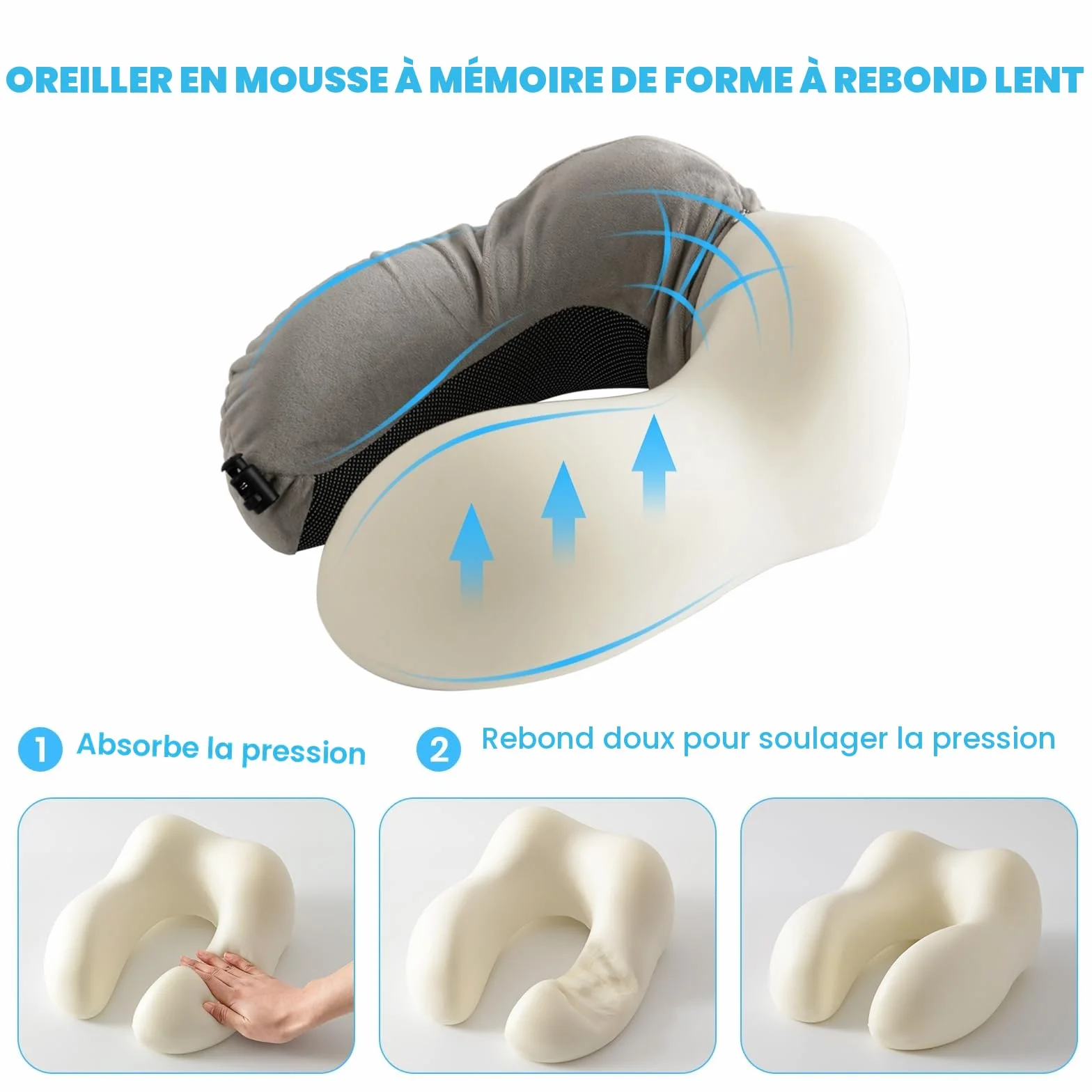 Good Nite Coussin de Voyage Oreiller Cervical Mousse à Mémoire avec Masque pour Les Yeux Bouchons d'oreille Sac de Transport Inclus Gris