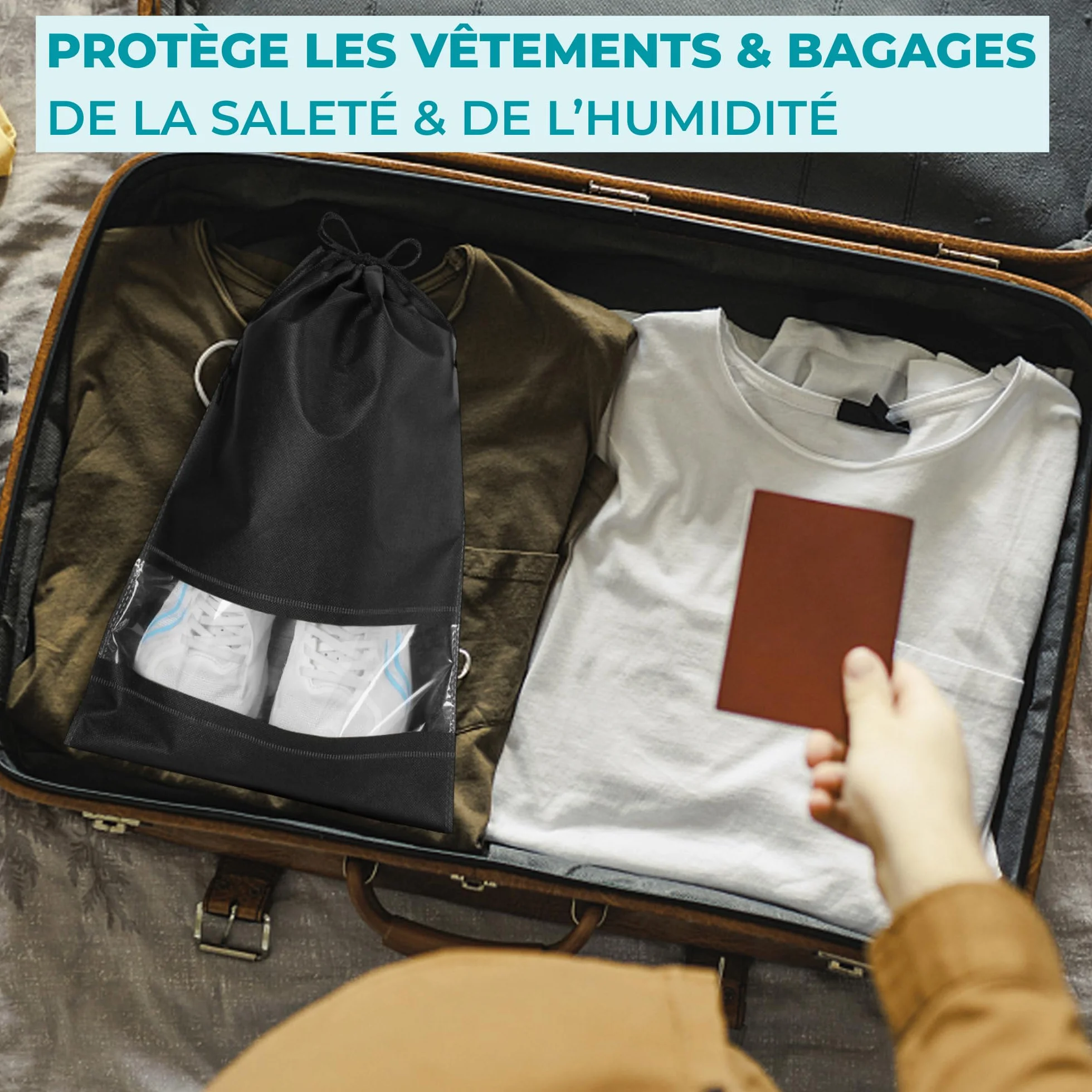 Sacs à Chaussures de Voyage Étanches, Grand Organisateur de Rangement avec Cordon de Serrage et Fente Transparente, 10 Pièces, Noir