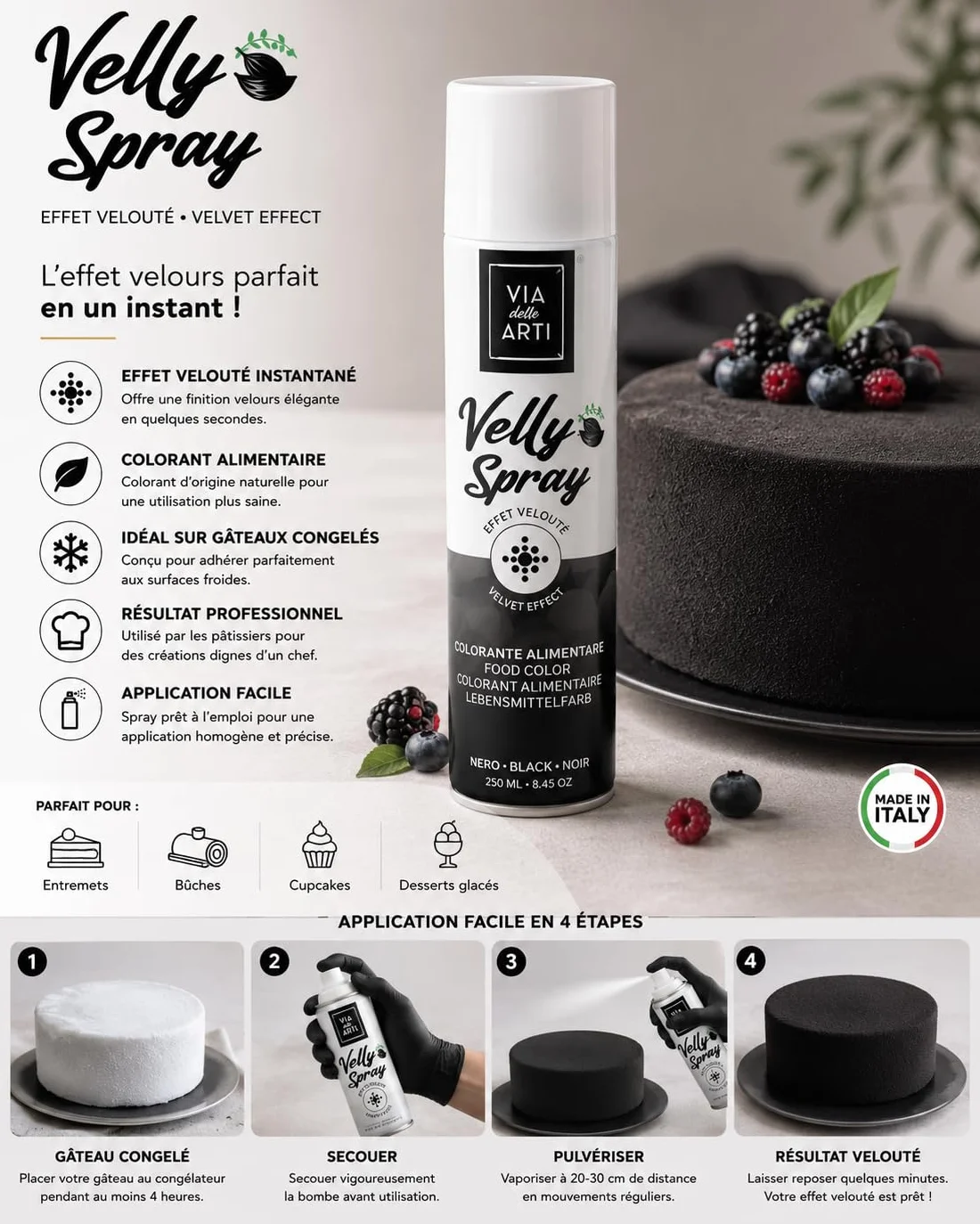 Bombe Spray Alimentaire Effet Velours, 250 mL - Pulvérisé sur vos Entremets, Bûches et Petits Gâteaux préalablement passés au congélateur (noir)