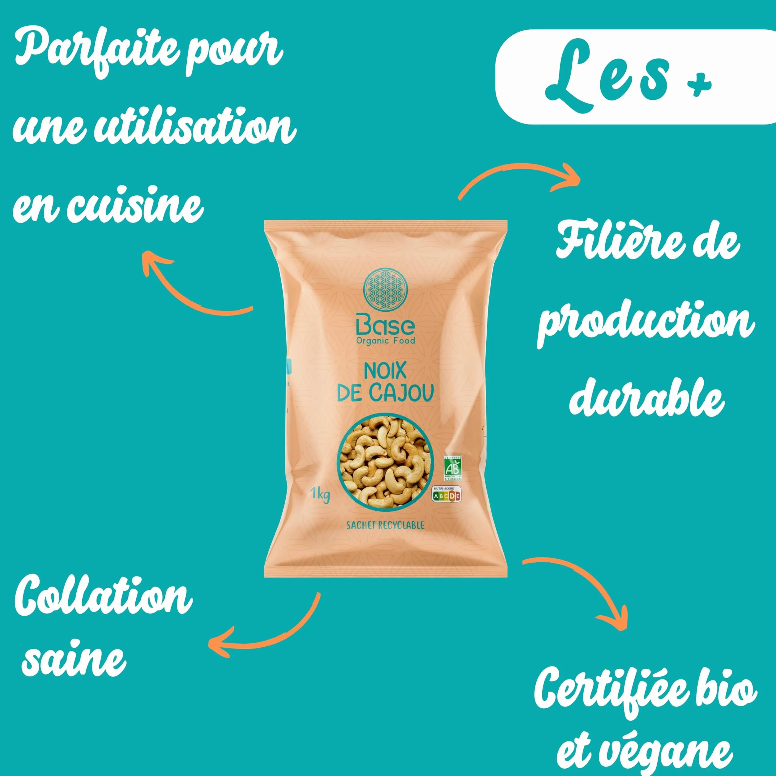 Noix de Cajou BIO 1kg | Cajou 100% Naturelle Entière | Crues et non salées | Sans OGM | Parfumé & Gourmand | IDEAL recettes cuisine | Convient aux végétariens et aux végétaliens | BASE ORGANIC FOOD