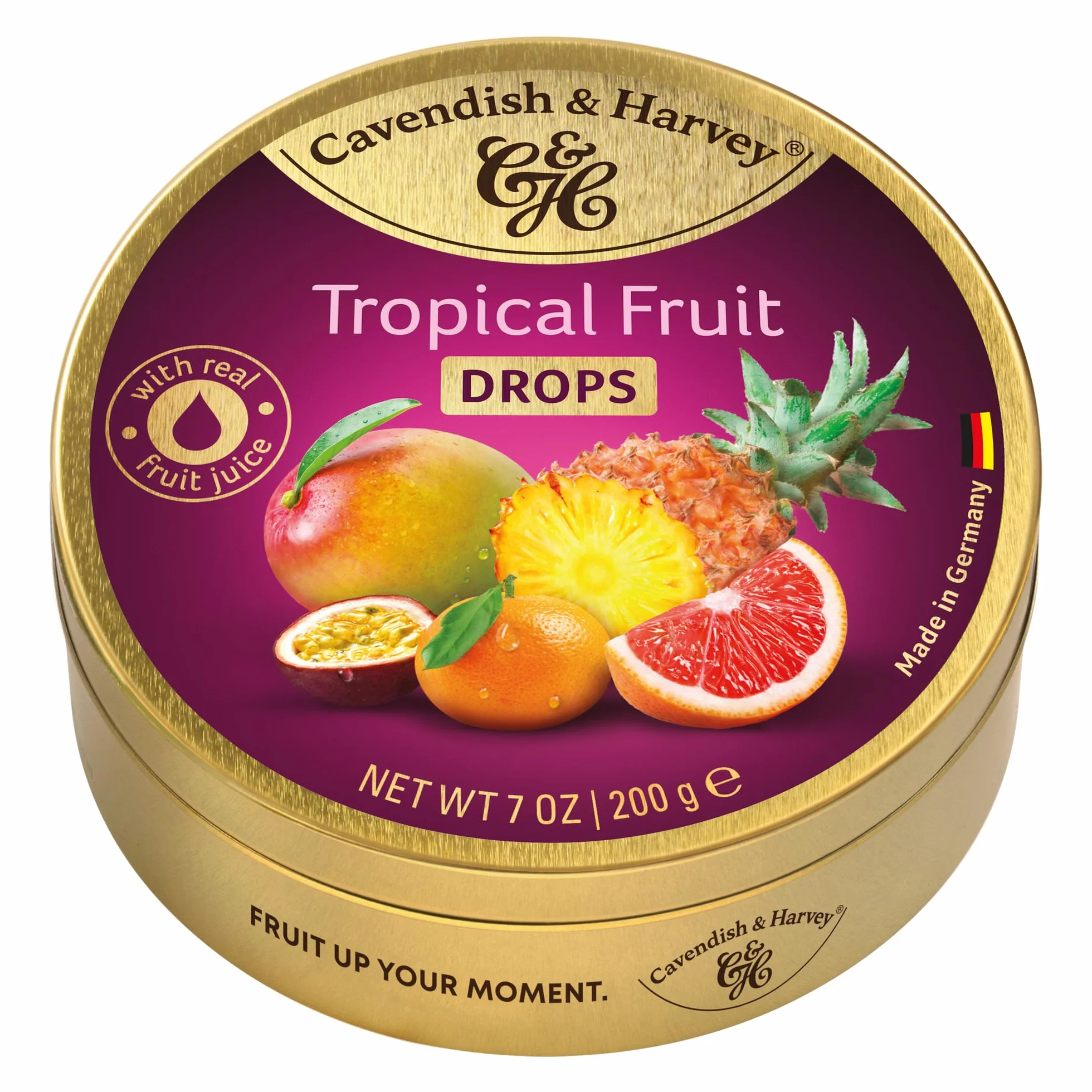 Cavendish & Harvey Tropical Fruit Drops Lot de 9 boîtes de conservation de 200 g | Mangue, pamplemousse, maracuja, kalamansi, ananas | Avec véritable jus de fruits naturels | Végétalien, halal, casher