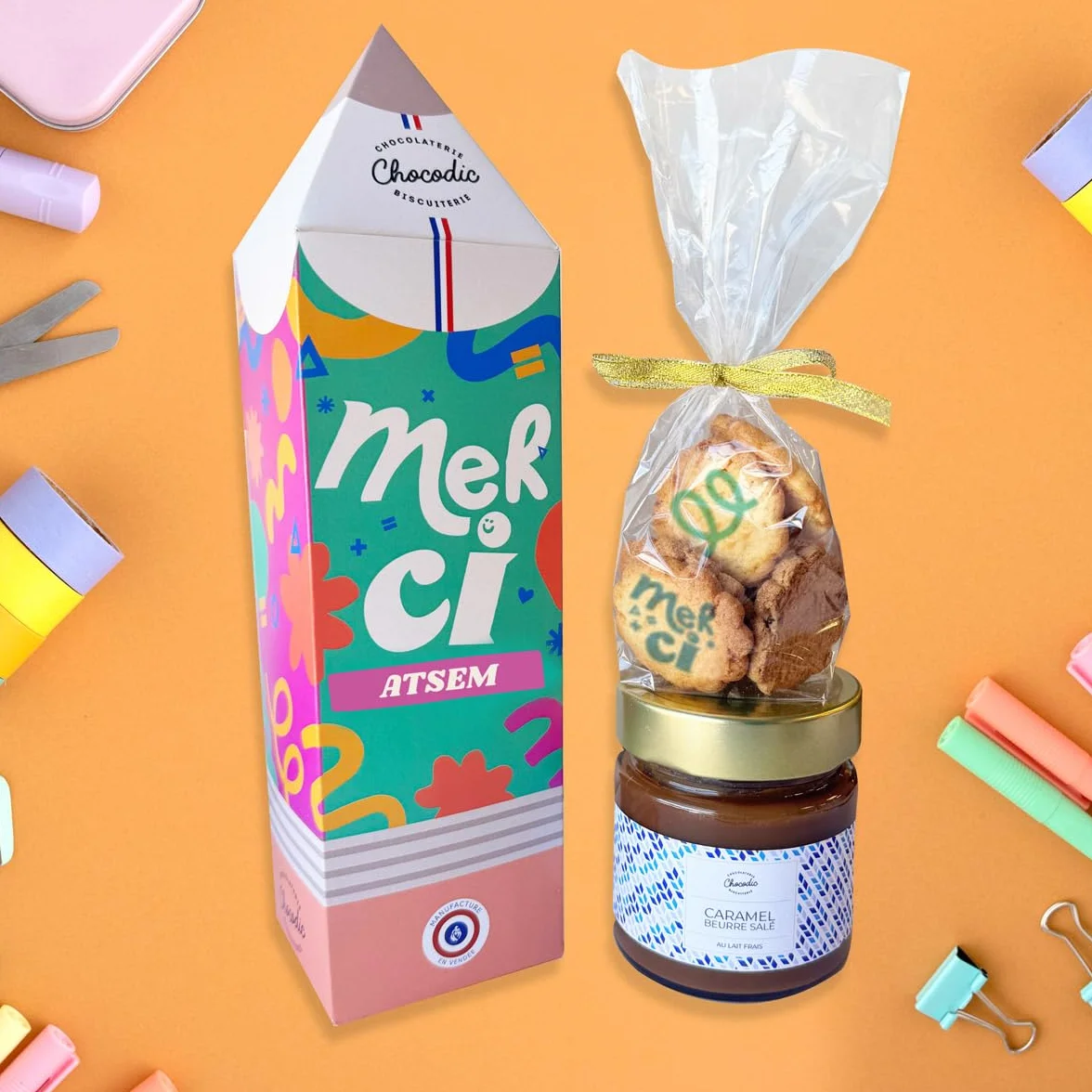 Coffret gourmand caramel et galettes au beurre personnalisées Chocolat Merci Maîtresse/Merci Maître/Merci Atsem (Version Merci Atsem)