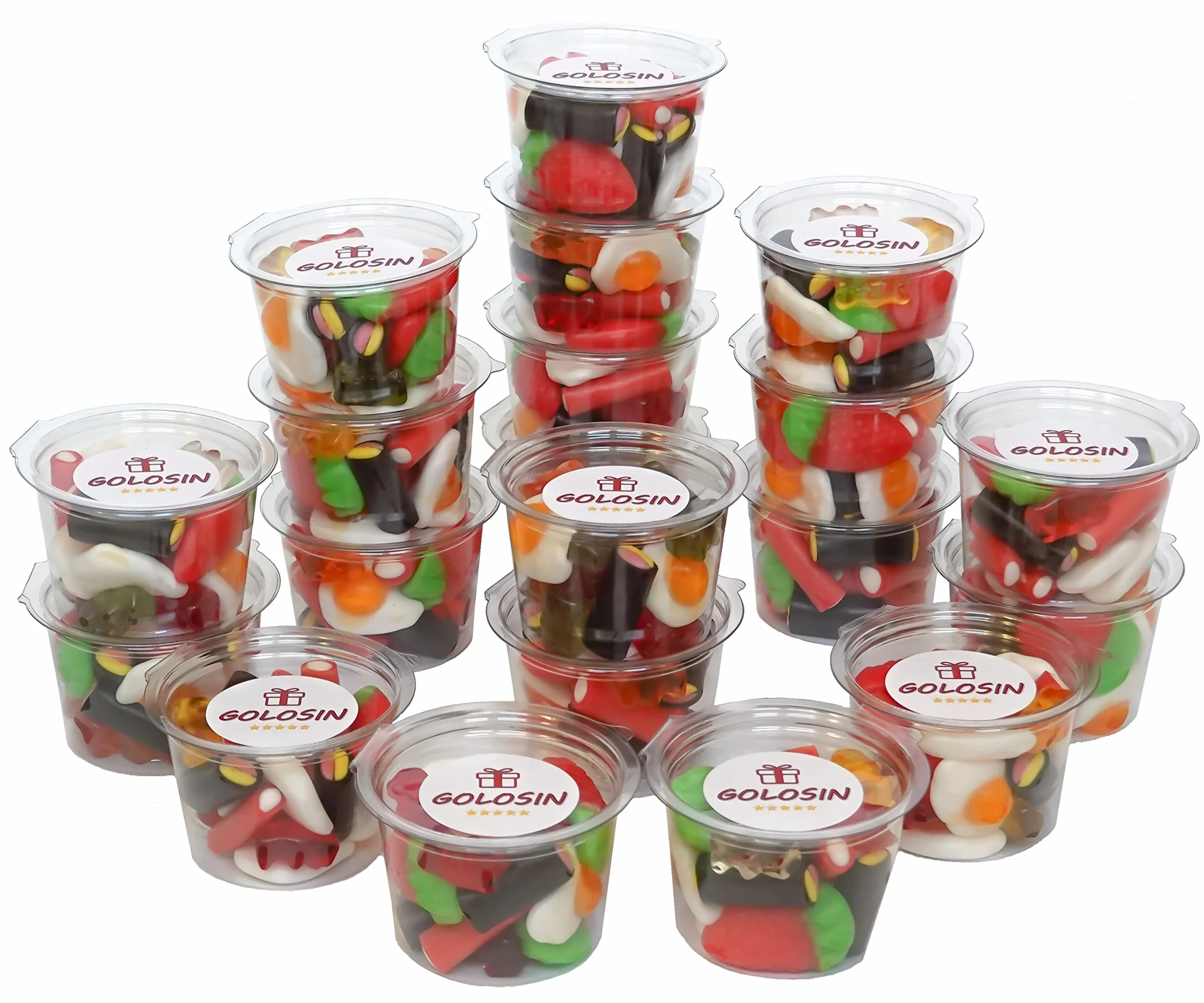 Assortiment de bonbons : Kit Golosin avec 1 kg bonbons et 20 Pots de 100 ml.