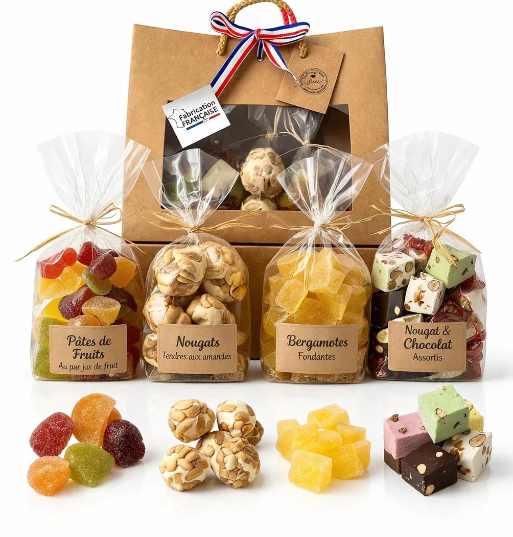 Panier de Bonbons et Nougats - Coffret Gourmand sucré Cadeau original à offrir - Idée cadeaux plaisir Fabrication Française et naturel - Parfum saveurs chocolats pistache amande cacahuètes