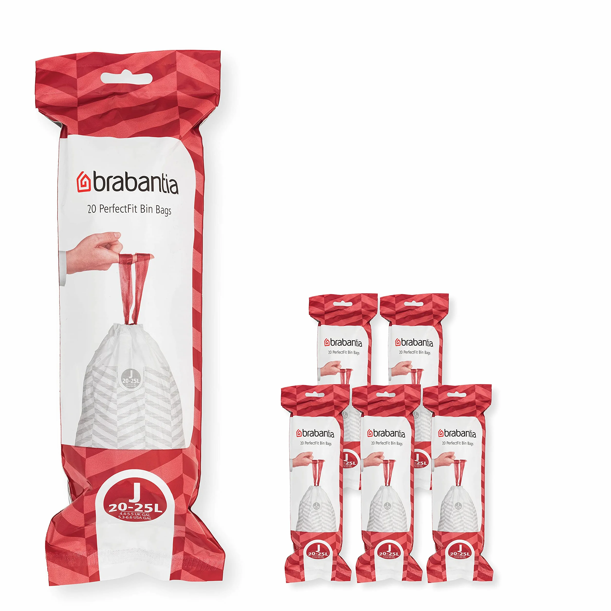 Brabantia Sacs Poubelle PerfectFit Multipack (Code J - 20L / 25L), Ultra Résistant, Poignées Coulissantes, 6 rouleaux (120 Sacs)