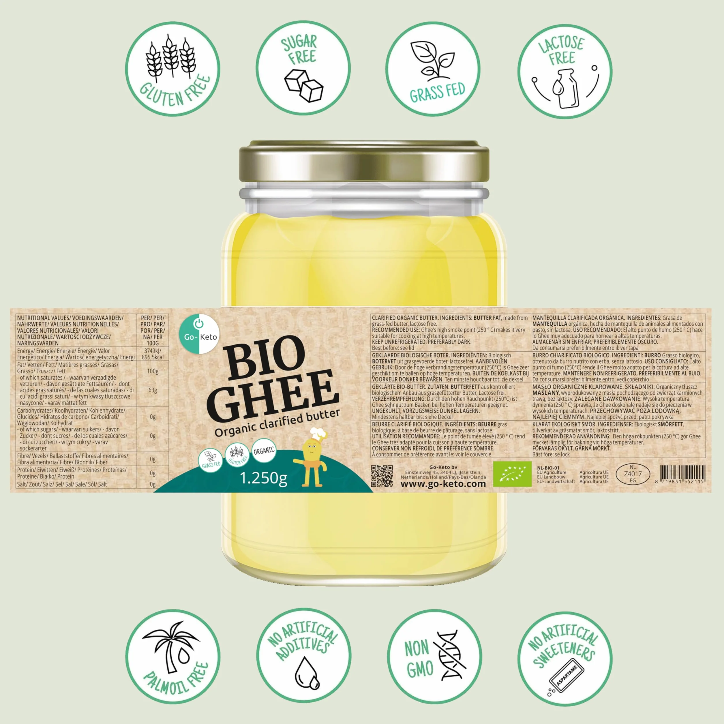 Go-Keto BIO Ghee, 1250 g | 100% beurre clarifié, certifié BIO, Ayurveda | parfait pour le régime céto | idéal pour la cuisson et le rôtissage | Sans lactose, sans gluten, low carb