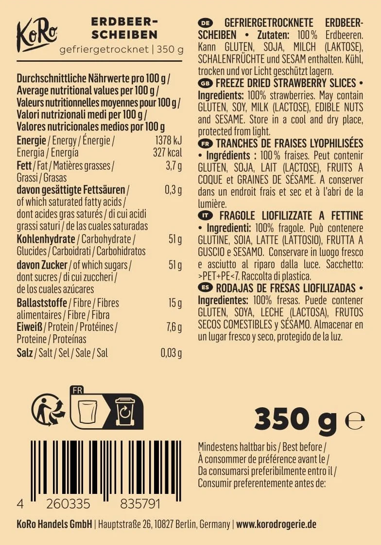 KoRo Fraises Lyophilisées en Tranches 350 g – Fruits Lyophilisés en Douceur, 100 % Naturelles, Sans Sucre ni Additifs, Snack Croquant & Topping Gourmand