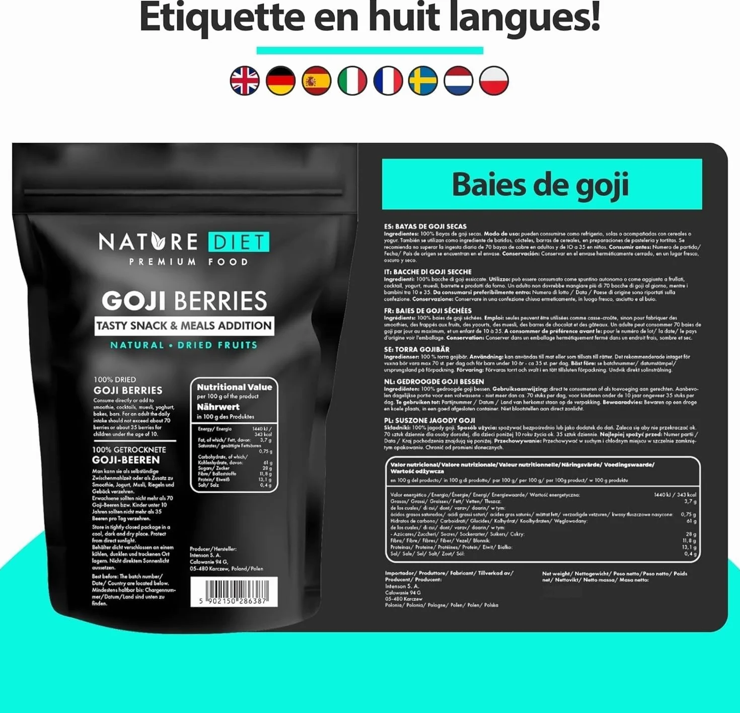 Nature Diet Baies de Goji | 500 g | Riches en Fibres & Protéines | Vegan, Sans Gluten & Sans Lactose | Non OGM | Idéal pour Snacks, Smoothies & Pâtisserie