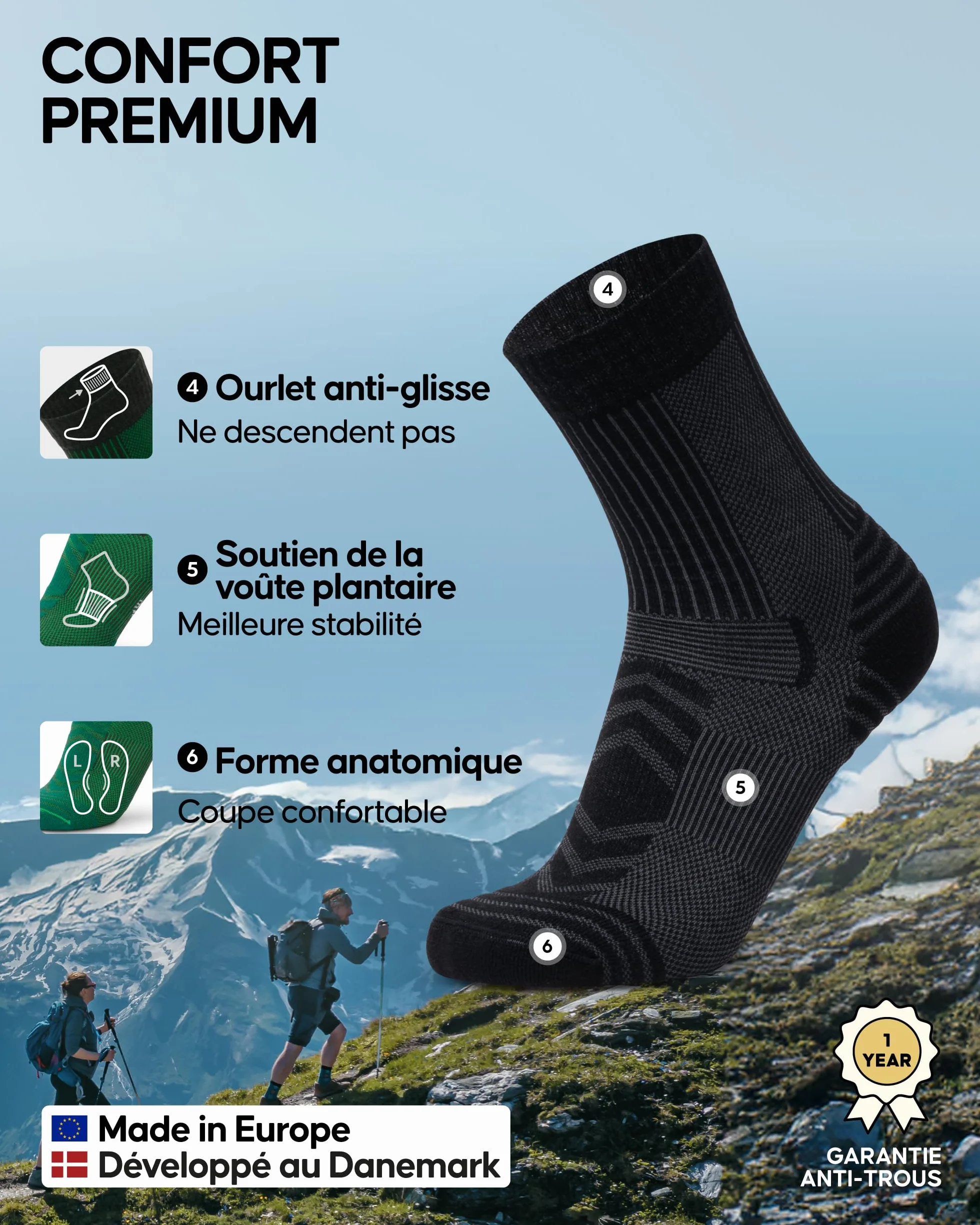 DANISH ENDURANCE Chaussettes de Randonnée Laine Mérinos Anti-Ampoules Lot de 3