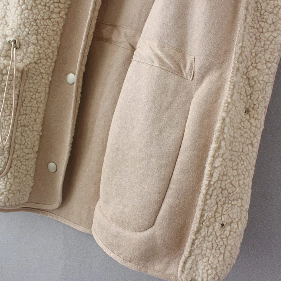 Doudoune Femme Sans Manches Polaire D'Agneau Veste Beige Col Rond Grande Taille Gilet Chaud Hiver
