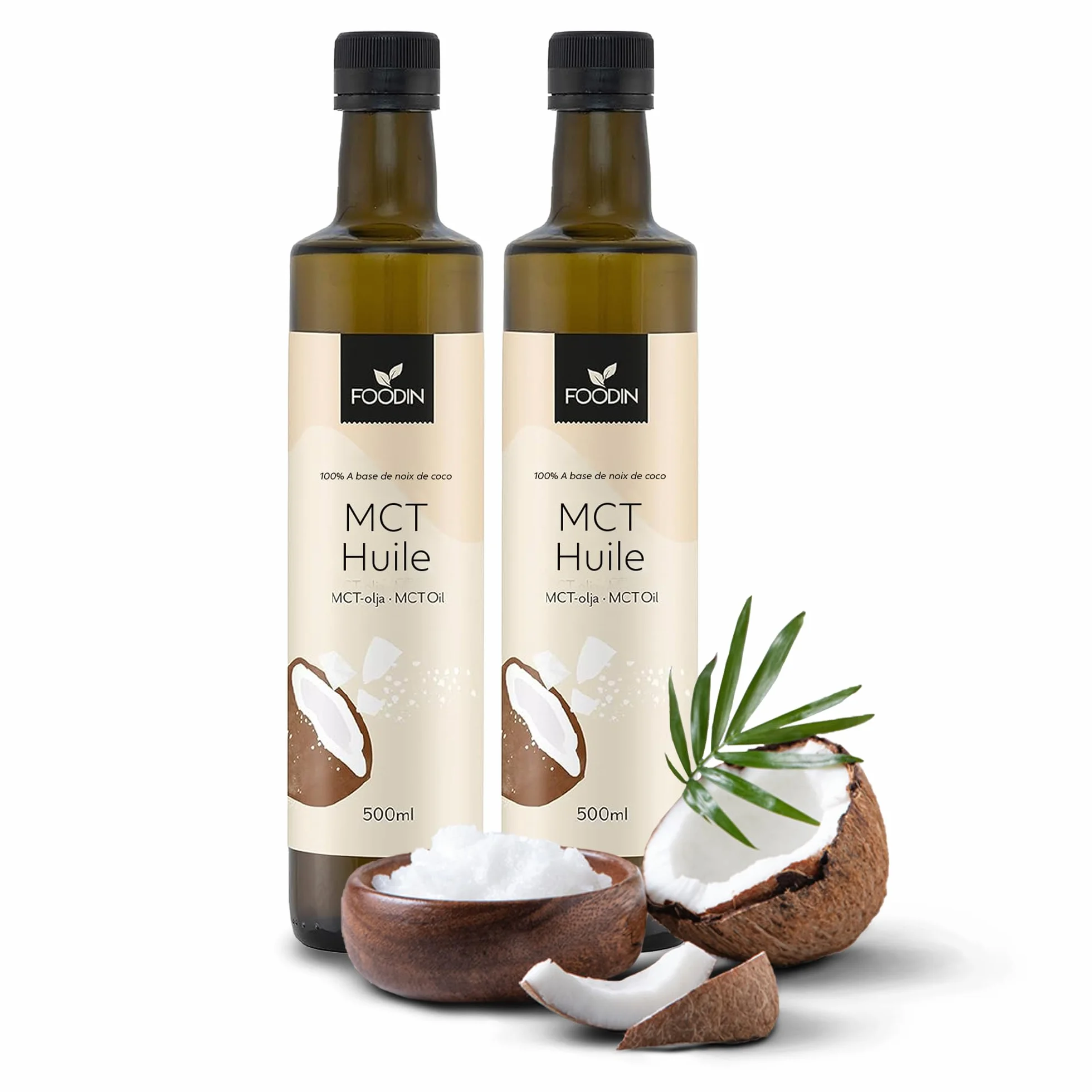 FOODIN Huile MCT 100% Huile de Coco,Triglycérides à Chaîne Moyenne (MCT), Sans Gluten & Végétalienne, de Coco Pure pour Athlètes, Idéale pour Régimes Cétogènes & Bienfaits Santé, 2 x 500 ml