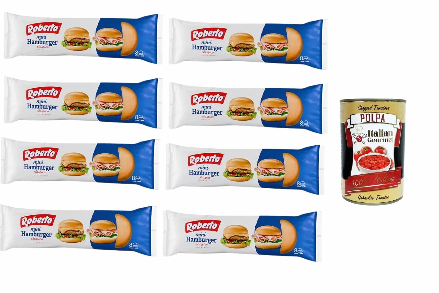 Italian Gourmet + Roberto Mini Hamburger Classico 8 x 200 g – Pains à Hamburger Mini – Boulangerie Italienne – + Italian Gourmet Polpa de Tomates 400 g