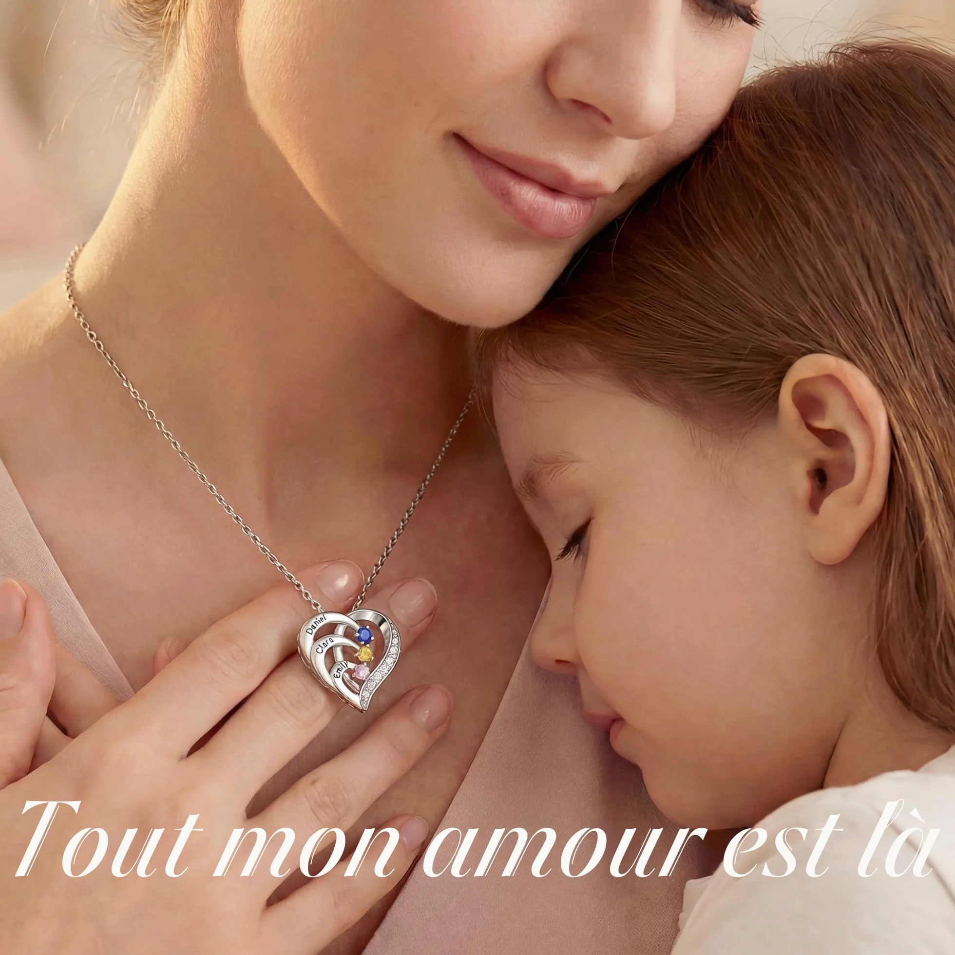 Easycosy Collier Personnalisé Prénom Pierres de Naissance Cadeau Fête des Mères Maman Bijoux Gravé Nom Pendentif Cœur