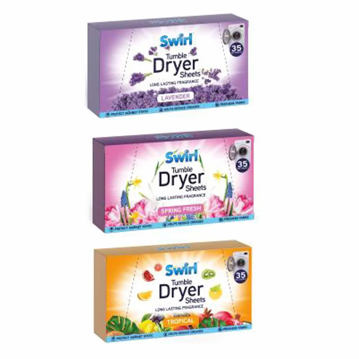Lot de 3 paquets de 35 feuilles pour sèche-linge Fresh printanier, lavande tropicale, 105 feuilles au total