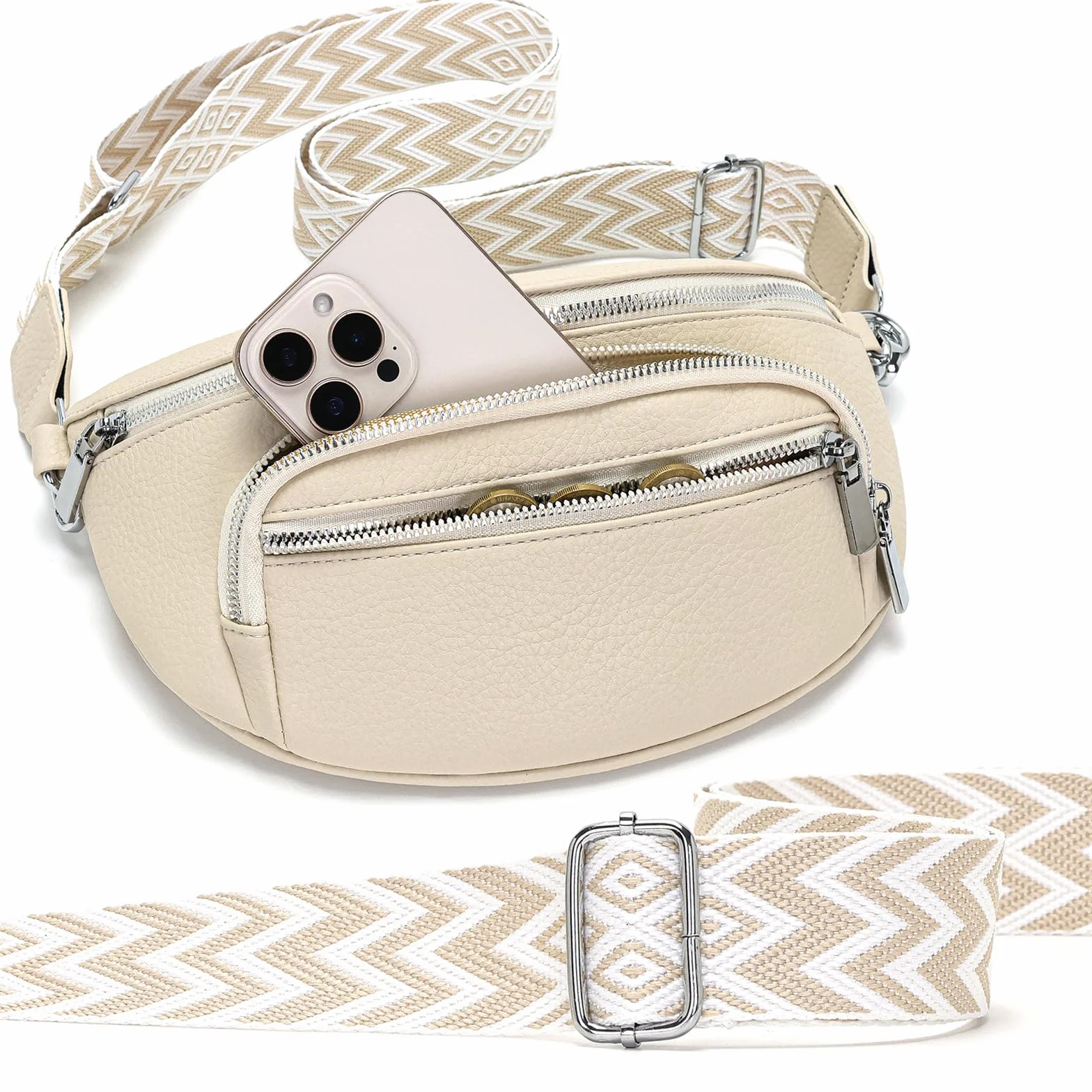 Sac banane femme Beige cuir vegan bandoulière amovible réglable