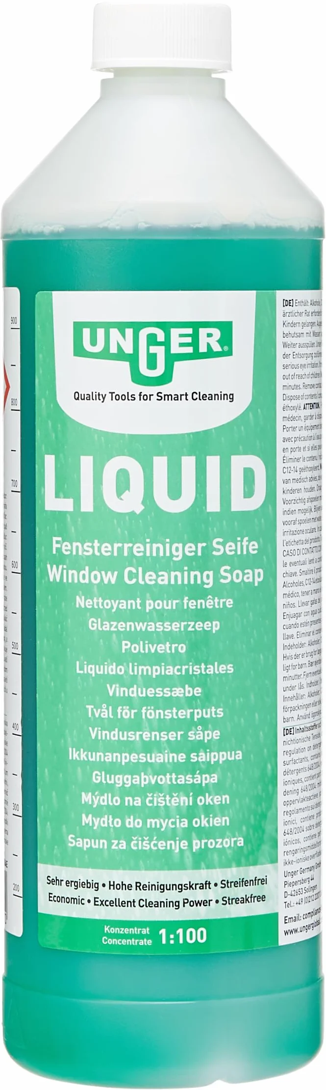UNGER Nettoyant pour vitres Liquid UNGER (1 litre, concentré, rapport de mélange 1:100, pH neutre, fenêtres sans traces, bouchon de sécurité, échelle de dosage) FR100