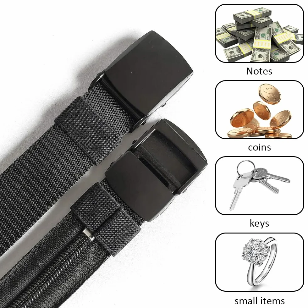 Ceinture de Voyage Porte-Monnaie Cachée Noir Nylon Réglable 120 x 3.8 cm