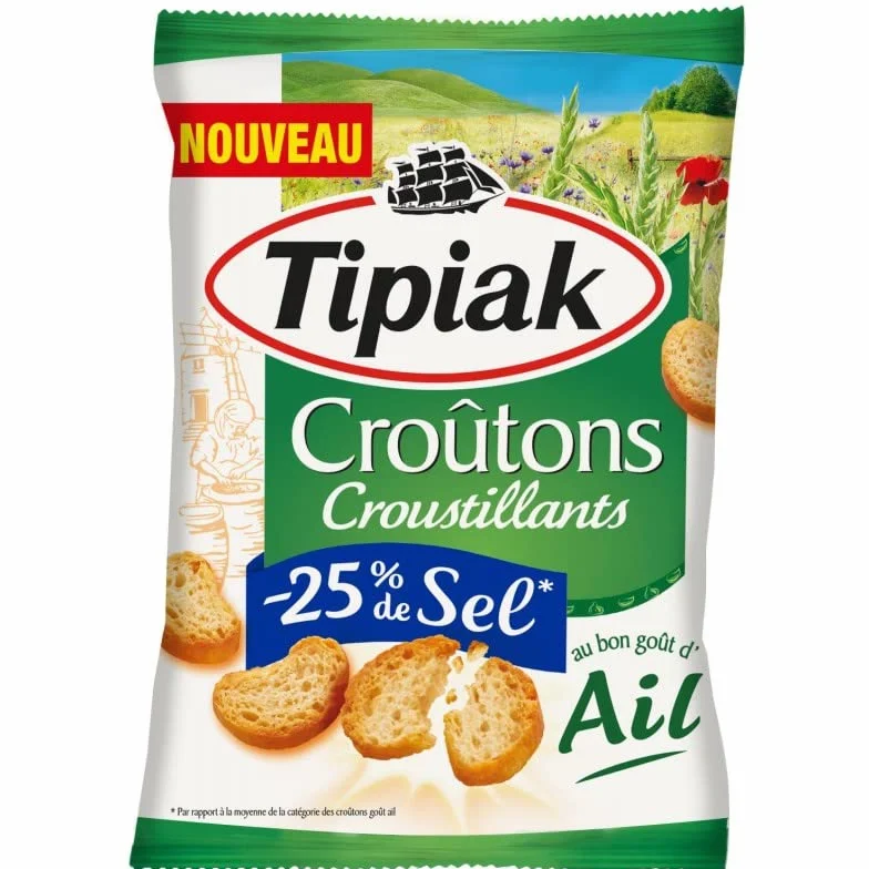 TIPIAK - Croutons Croustillants Ail -25% Sel 80G - Lot De 4