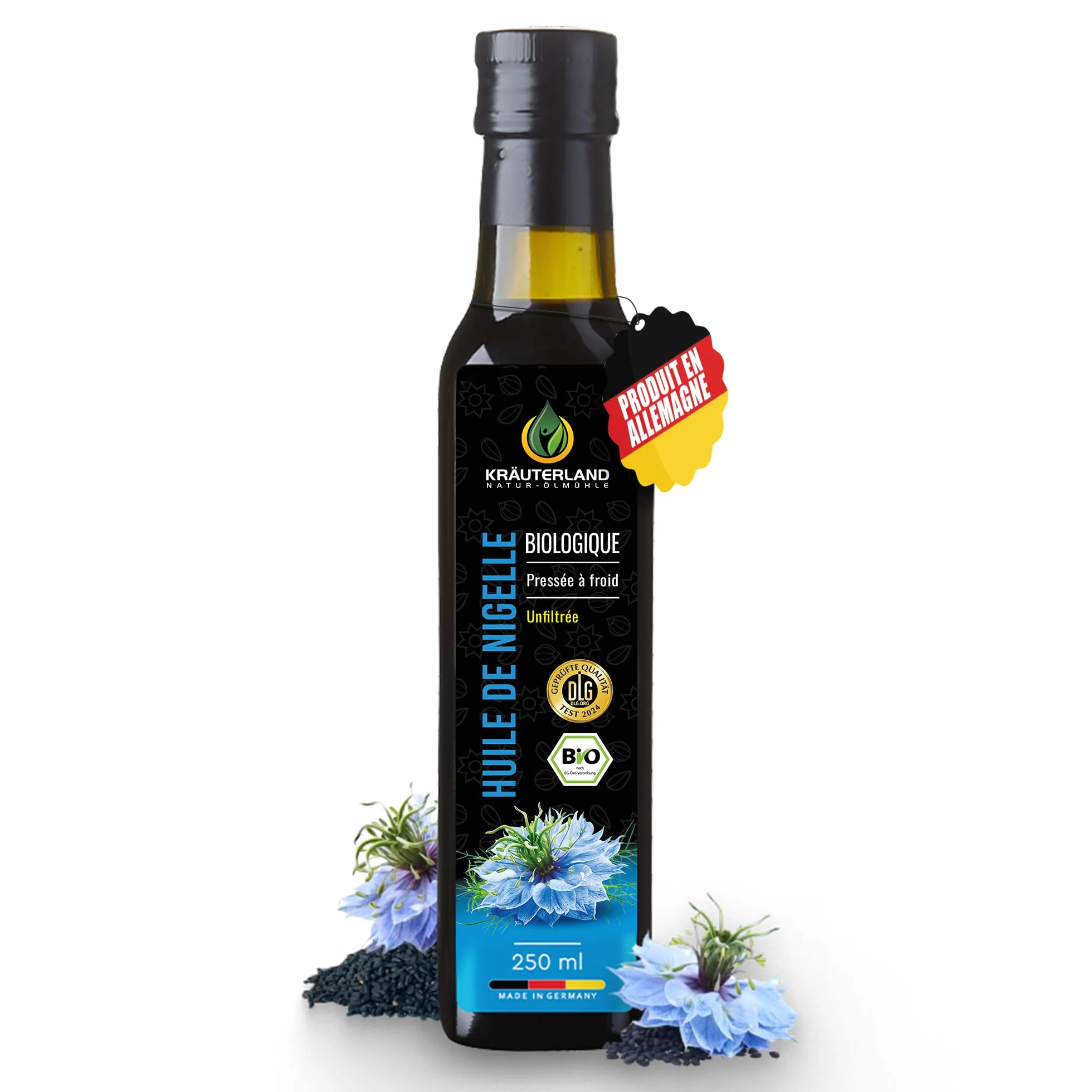 Kräuterland Bio Huile de Nigelle 250ml, non filtrée, pressée à froid,égyptienne, nigella sativa, végétalienne