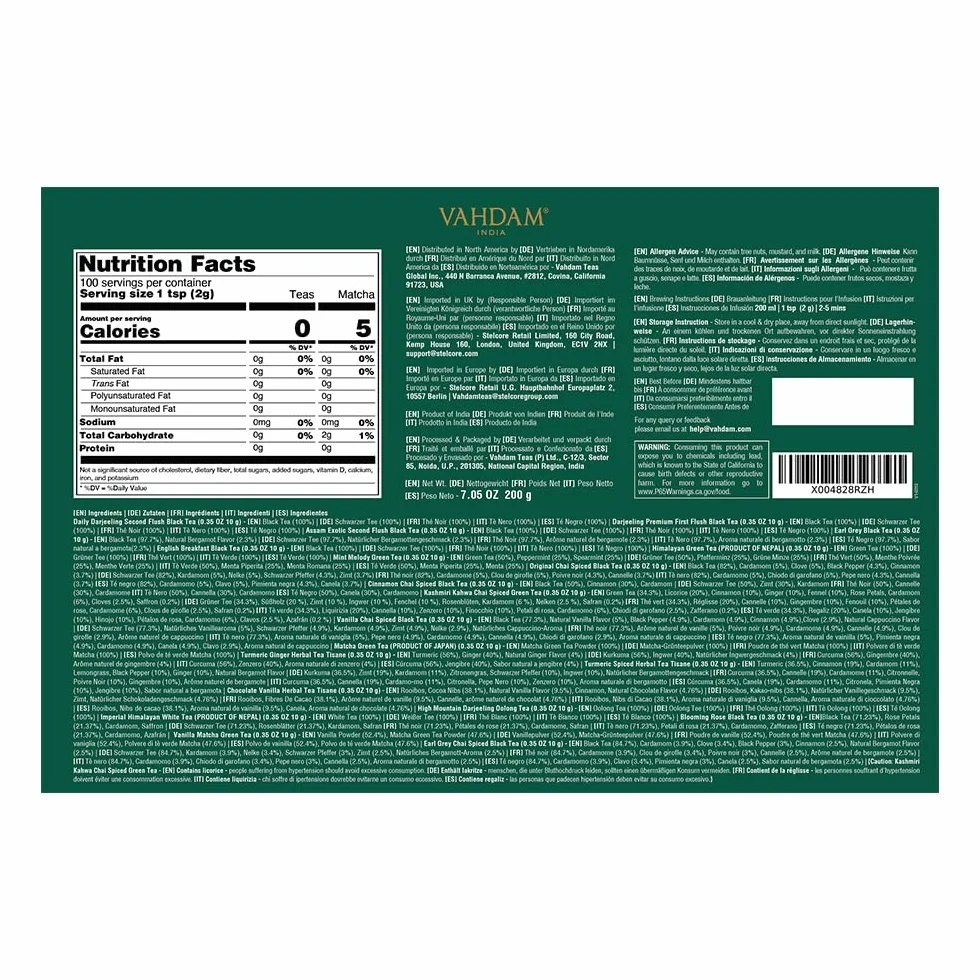 VAHDAM, Coffret Cadeau Assorti De Thés (20 Thés) | Sans Gluten, Sans OGM, Coffret Cadeau De Thé – Noir, Vert, Oolong, Blanc, Thé Chai Et Tisane | Cadeau pour Femme et Homme