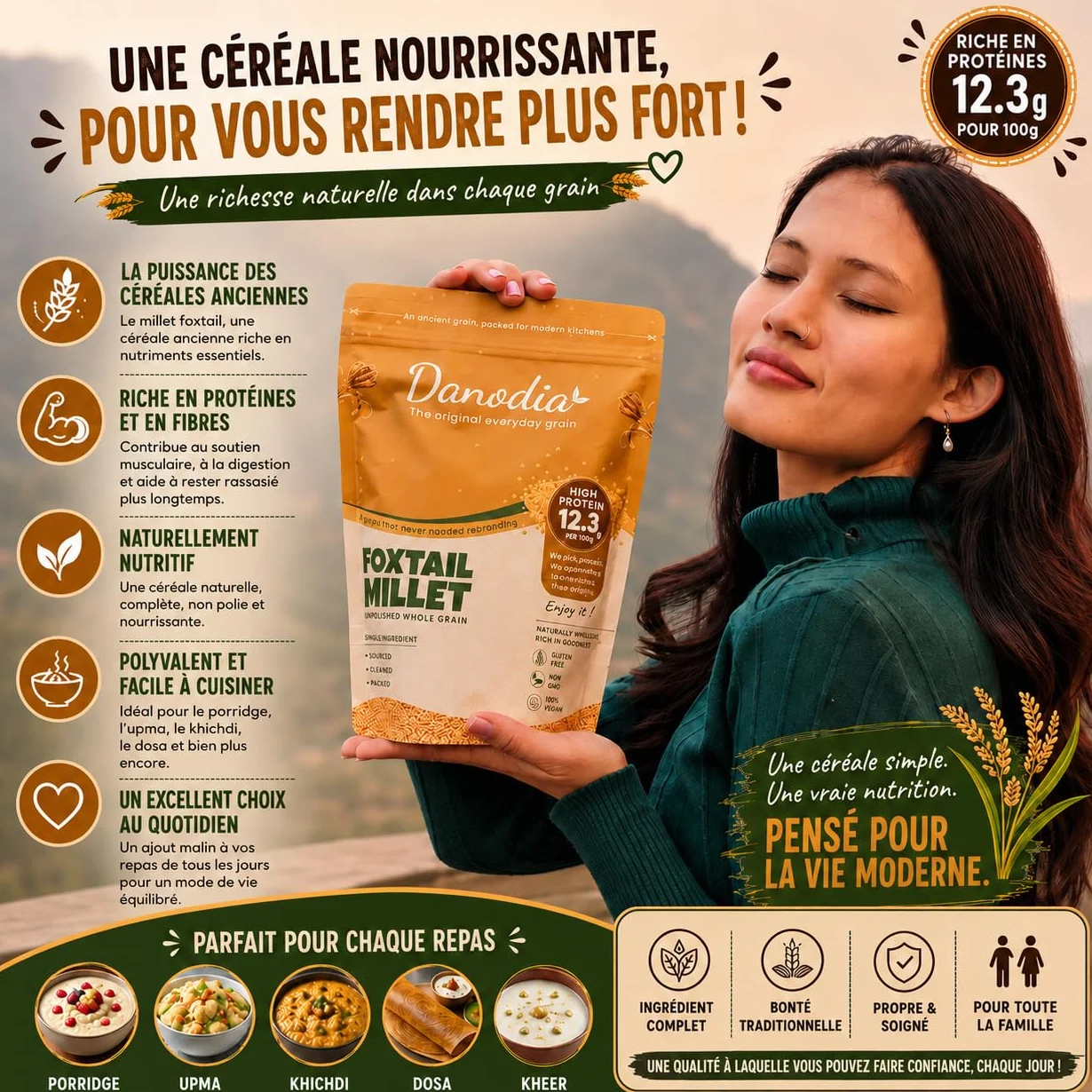 Danodia Foods Millet Queue-de-Renard Entier 950 g / 2 lb | Foxtail Millet décortiqué et non poli | Céréale sans gluten cultivée en Inde | Pour bols, porridge, accompagnements et recettes maison