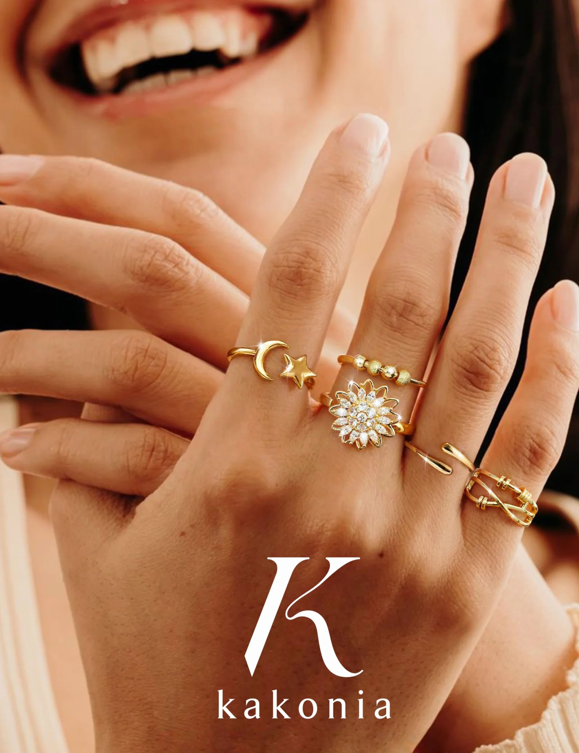 Kakonia 9 Pièces Bague Anti Stress Femme Enfant Argent Or Fidget Bague Anxiété Rotative Antistress Reglable Empilables Spinner Ensemble Relaxation