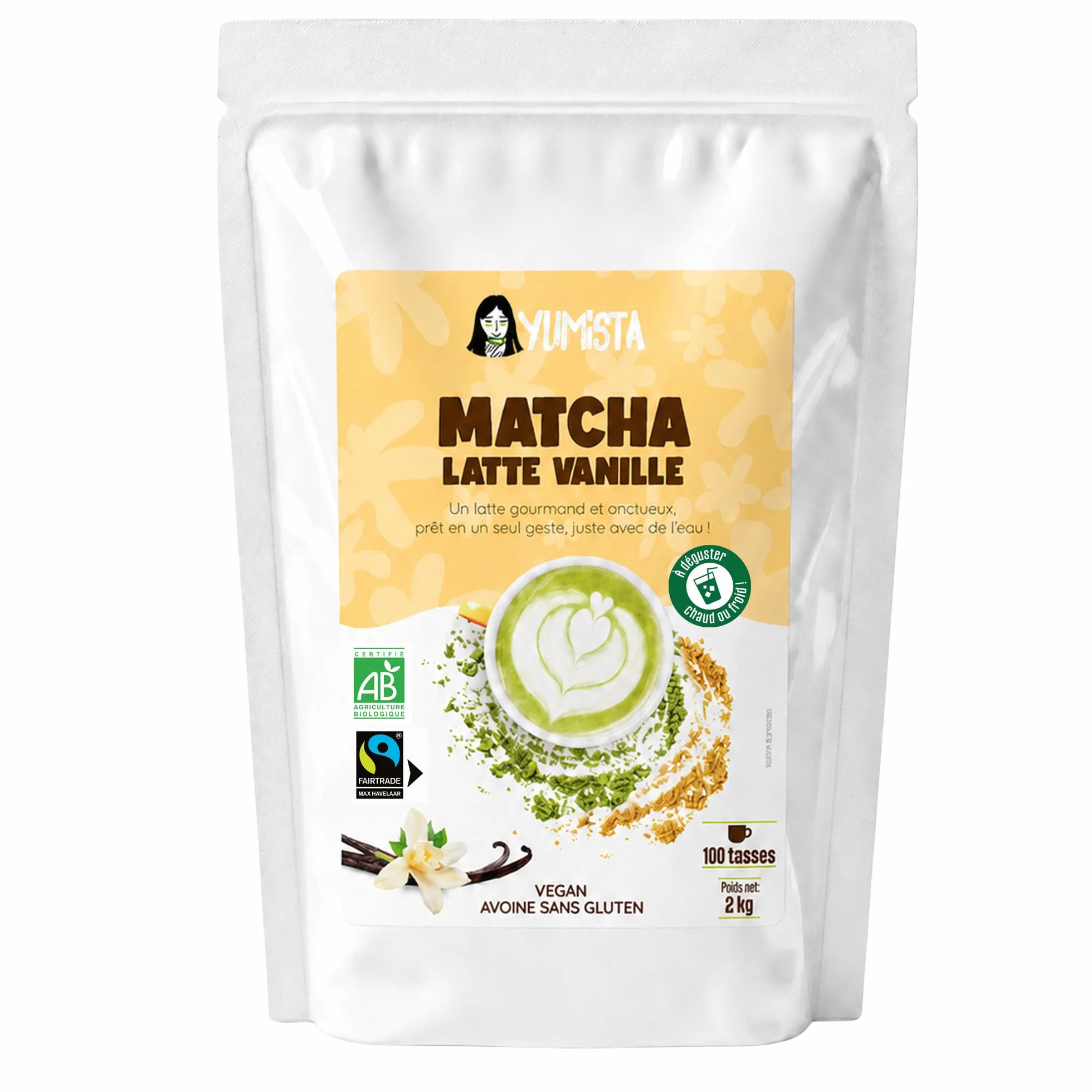 YUMISTA - Matcha Latte Vanille Instantané Bio - Format 2 kg Thé Matcha Poudre et Lait d'Avoine Sans Gluten - Thé Vert Matcha Premium en Sachet - Boisson Vegan Onctueuse Rapide Chaude ou Glacée