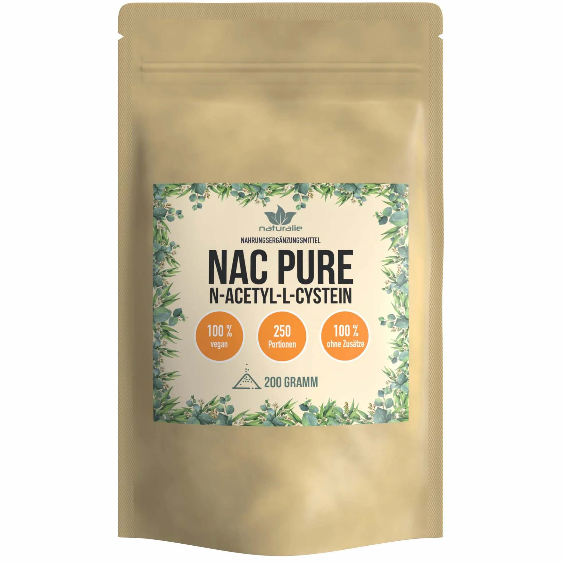 naturalie® | Poudre N-acétyl-L-cystéine (NAC) | 200 g dans un sac bio | Fermentation de maïs de haute pureté | 100 % poudre de NAC sans additifs | Végétalien