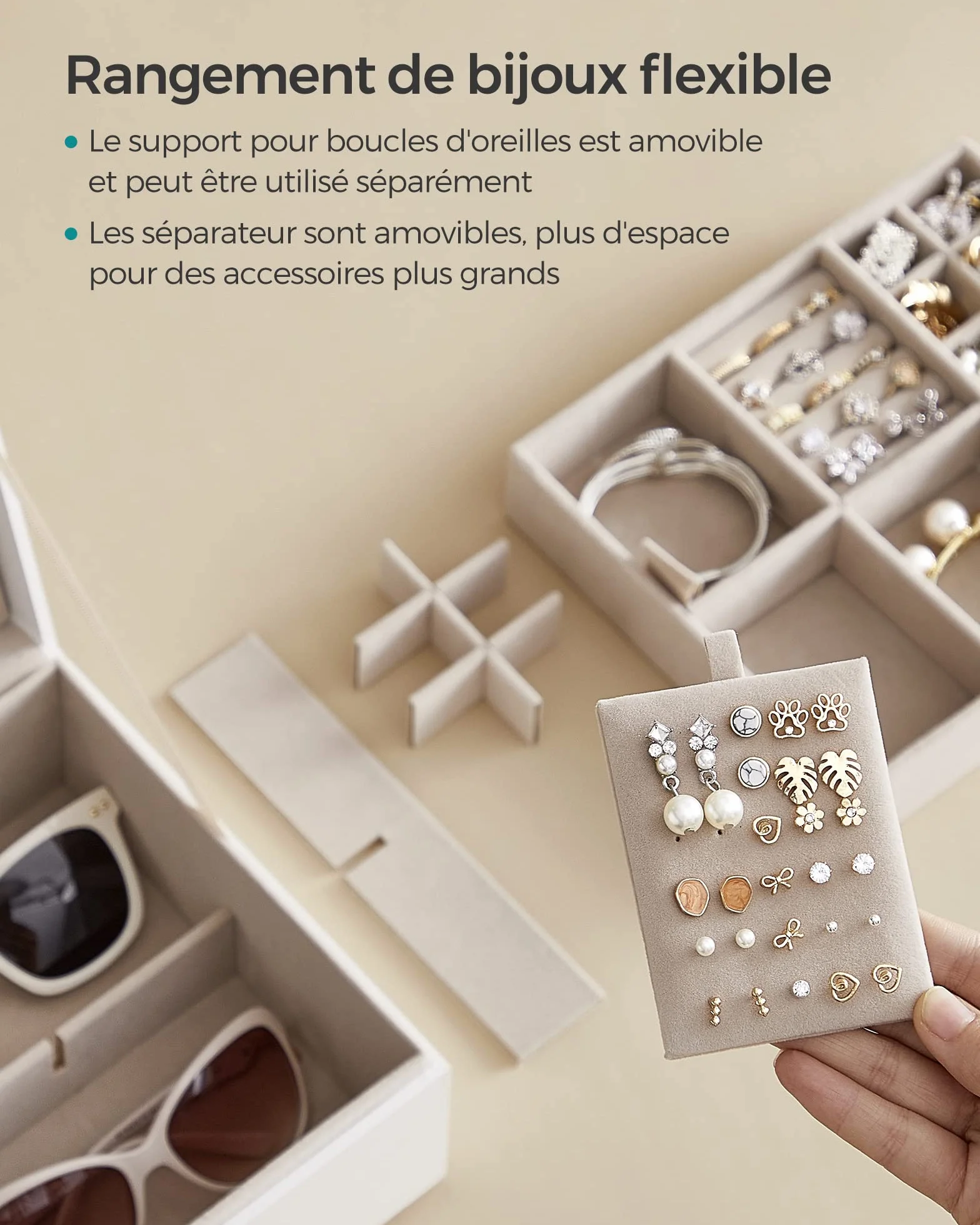 SONGMICS Boîte à Bijoux 2 Niveaux, Coffre à Bijoux avec Poignée, Plateau Flexible, 20,5 x 24 x 11 cm, Blanc