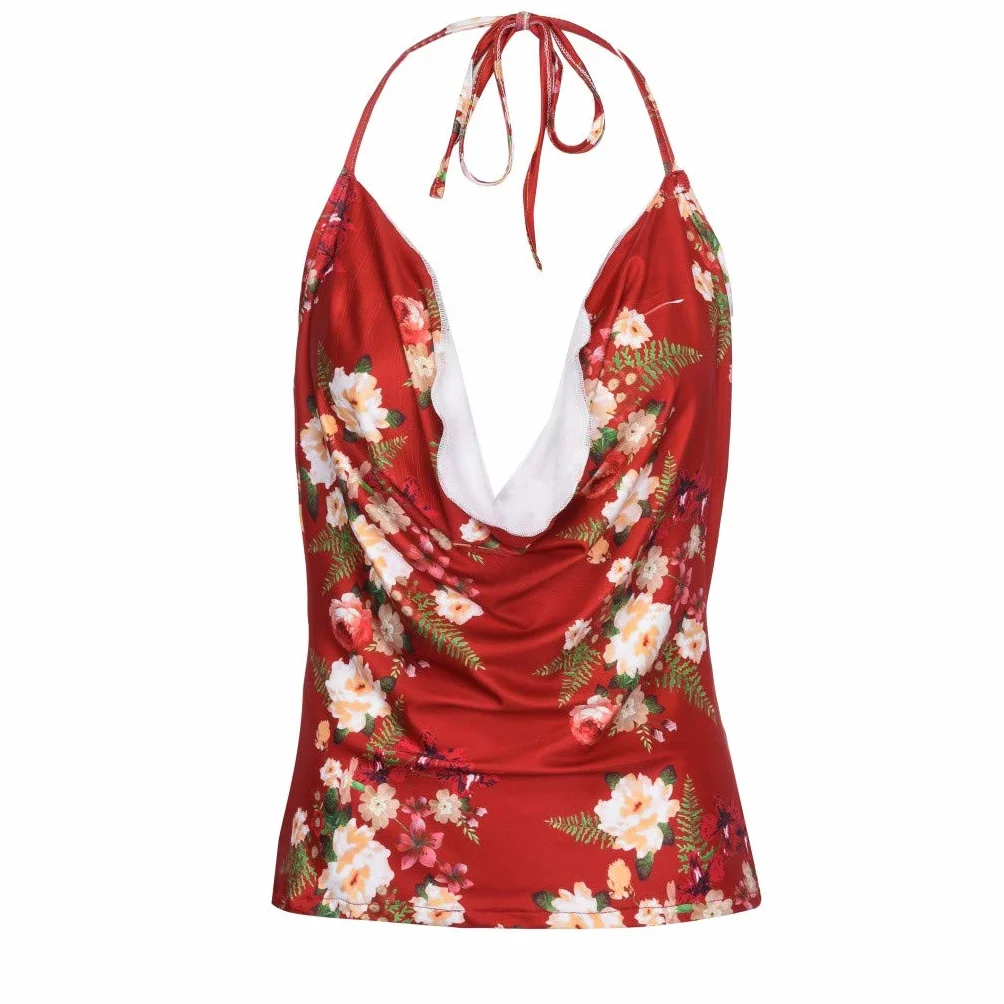 DEELIN Femmes Camisole Col en V Halter Dos Nu Imprimé Floral sans Manches